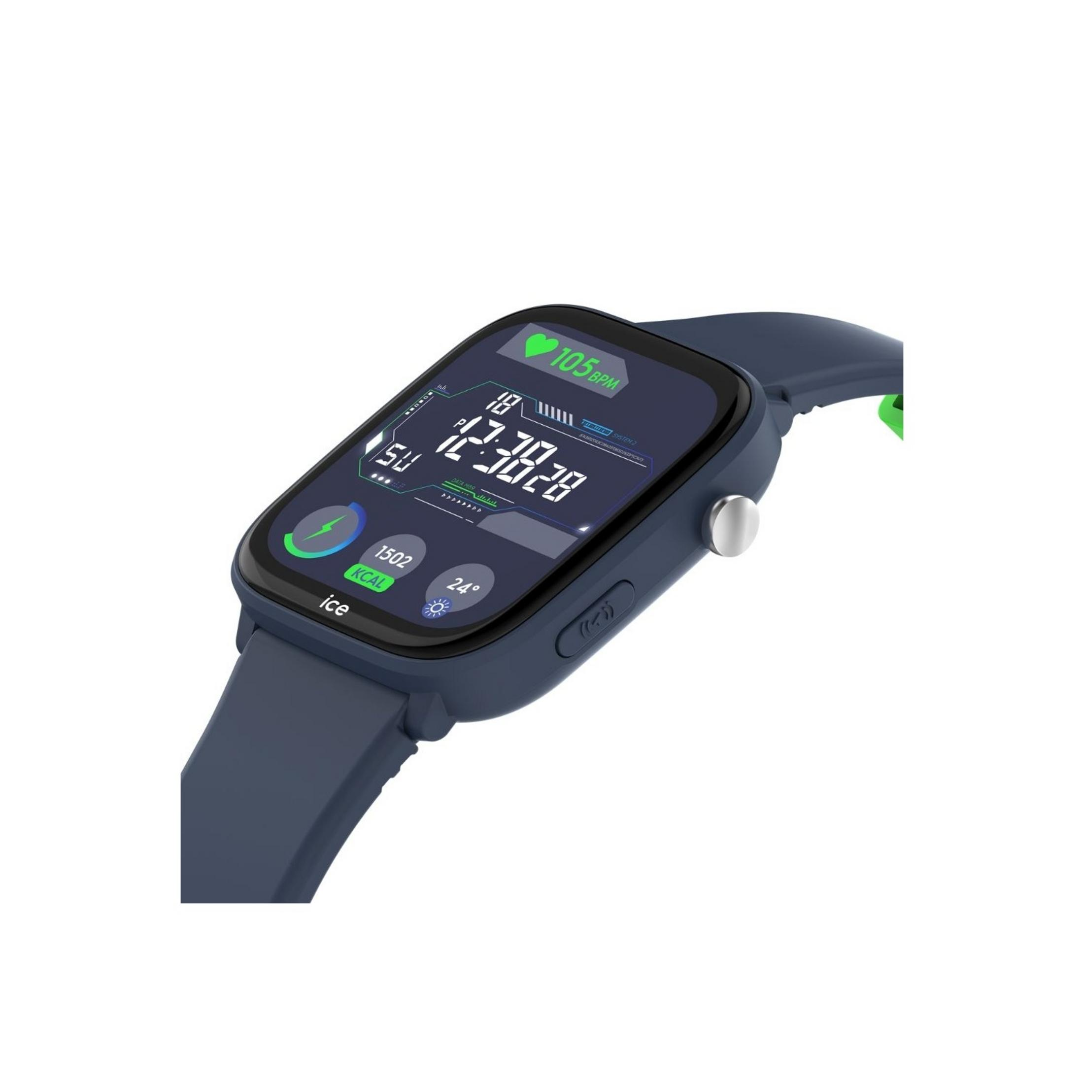 Eine blaue Smartwatch mit einem dunklen Display, das 105 BPM und 12:38:28 anzeigt.