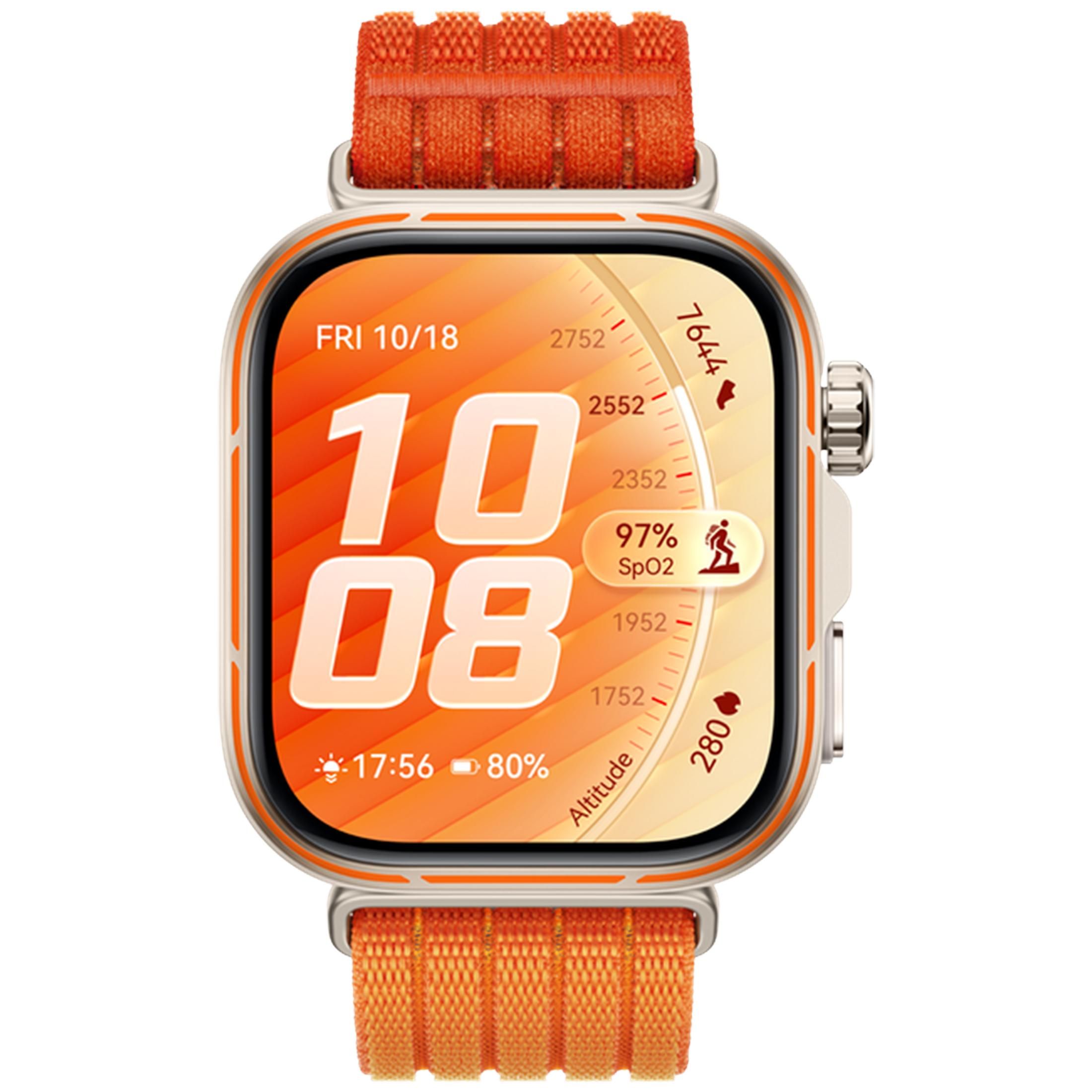 Un reloj inteligente con banda naranja muestra las 10:08, 97% SpO2 y 80% batería.