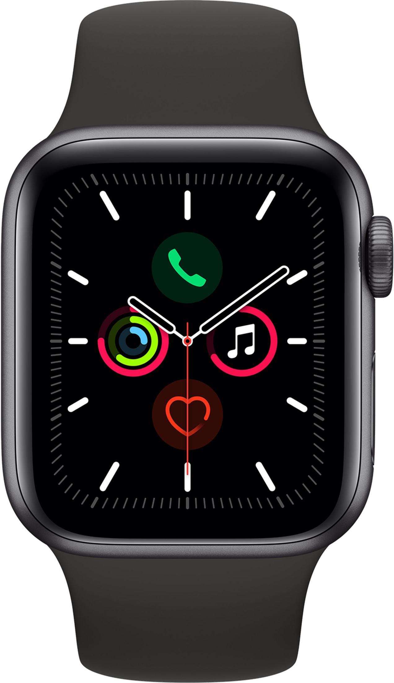 Un Apple Watch gris muestra íconos de llamadas, música, ritmo cardíaco y actividad.