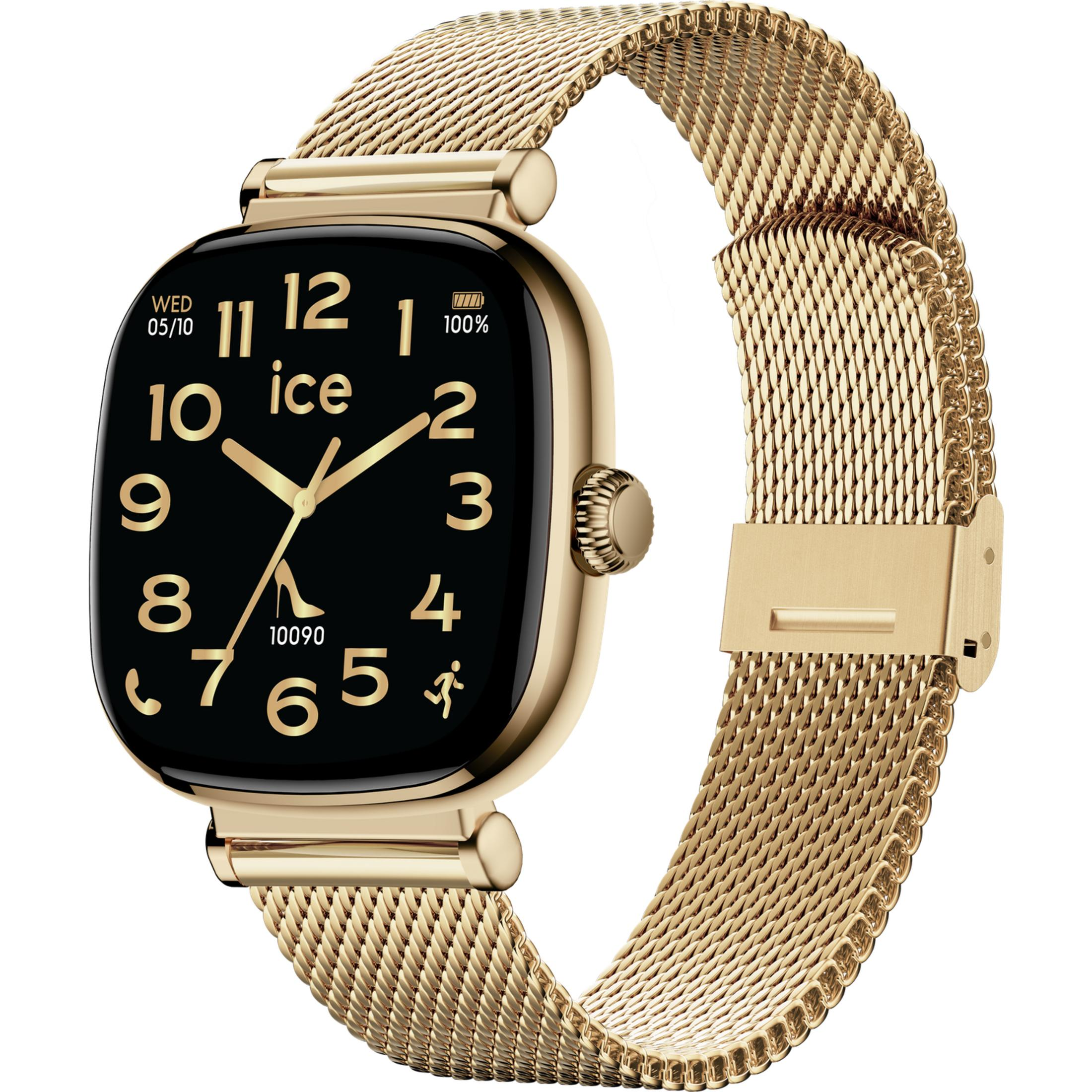 Goldene Smartwatch mit schwarzem Zifferblatt und Mesh-Armband. Angezeigte Zeit: 10:57.