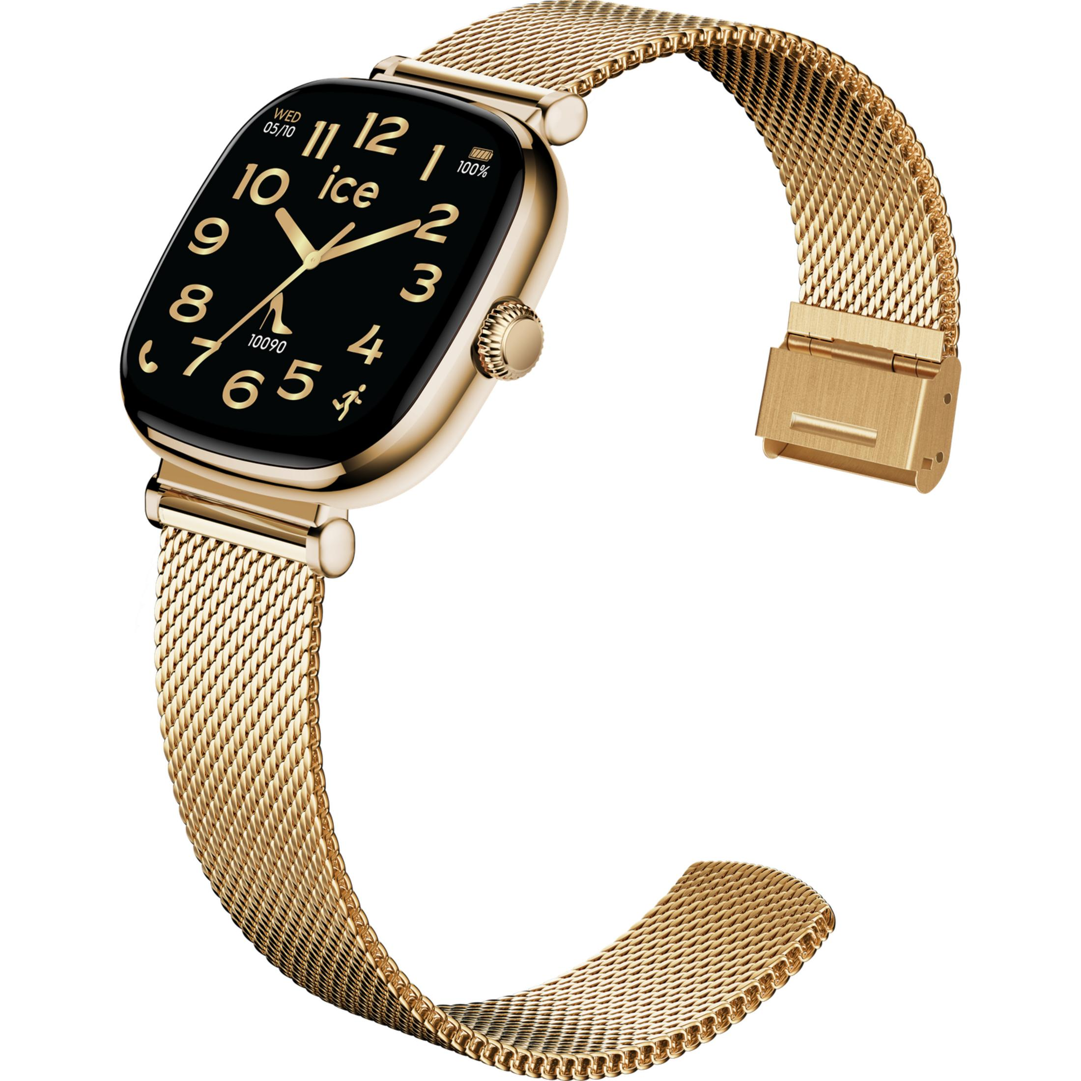 Goldene Smartwatch mit schwarzem Zifferblatt und Mesh-Armband.