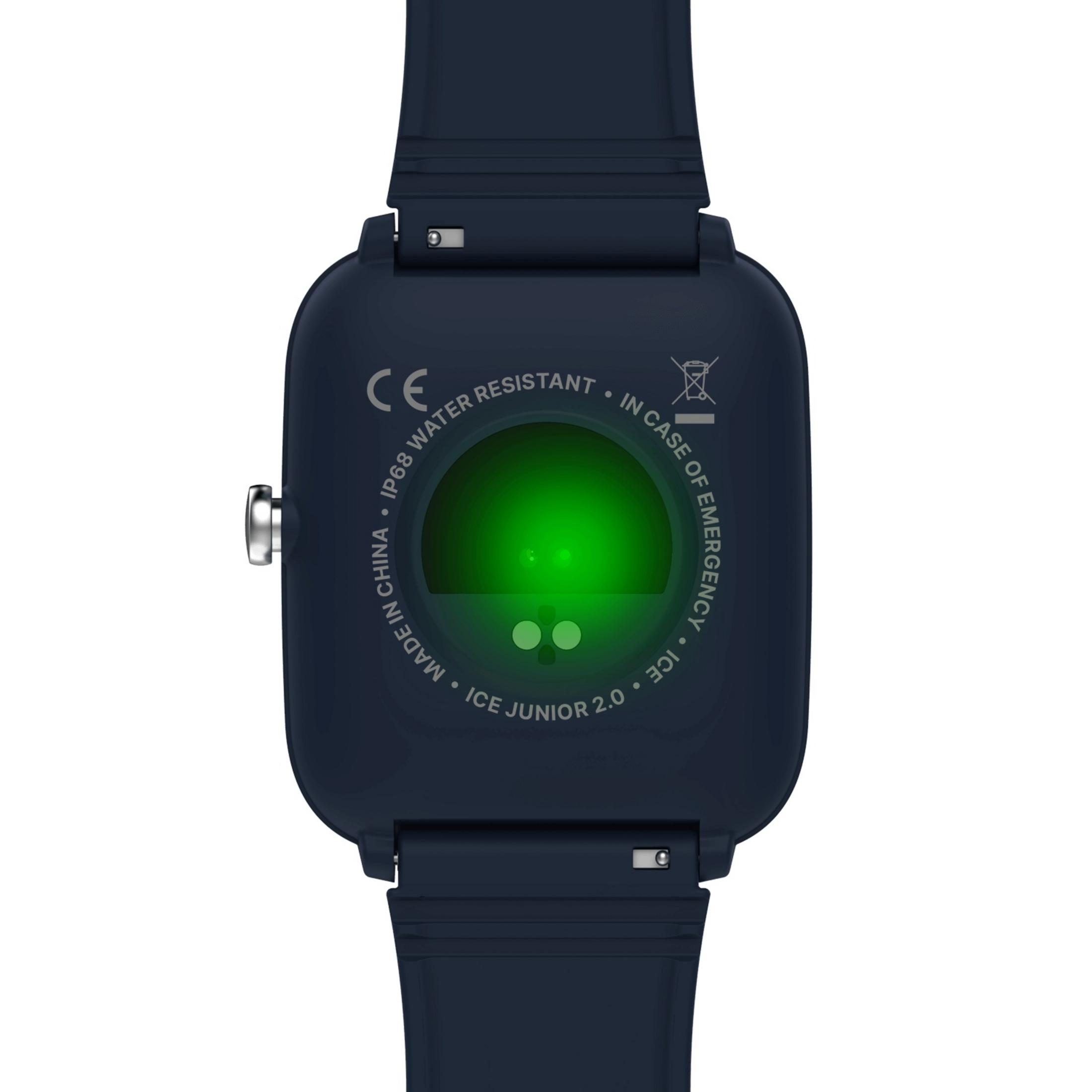 Dunkelblaue Smartwatch-Rückseite mit grüner LED und Beschriftung.