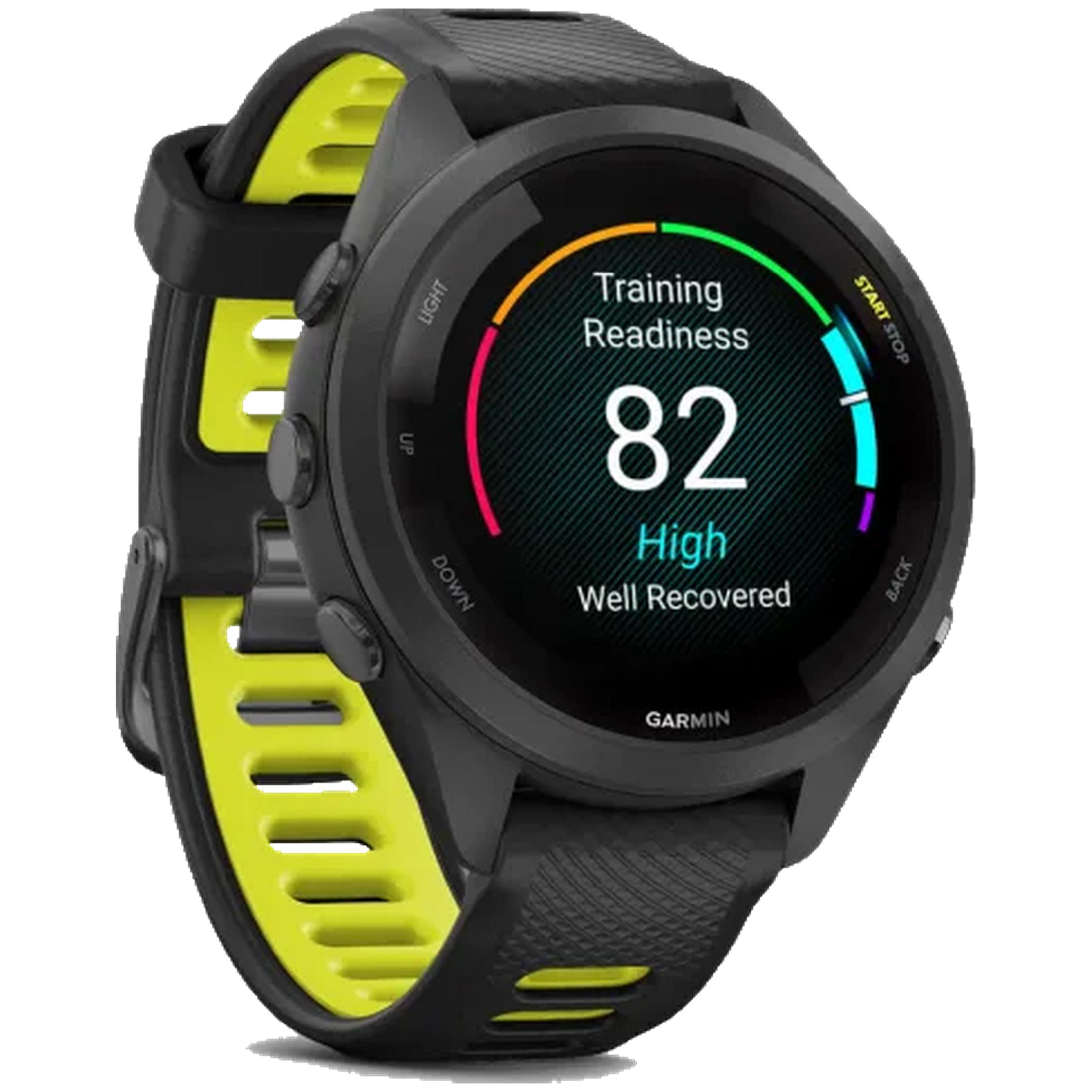 Een zwarte smartwatch met gele accenten toont een