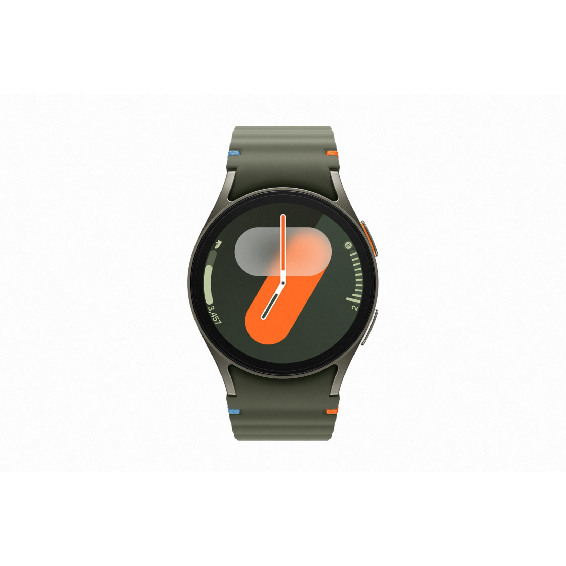 Une montre connectée verte avec un cadran orange et blanc et des aiguilles argentées.