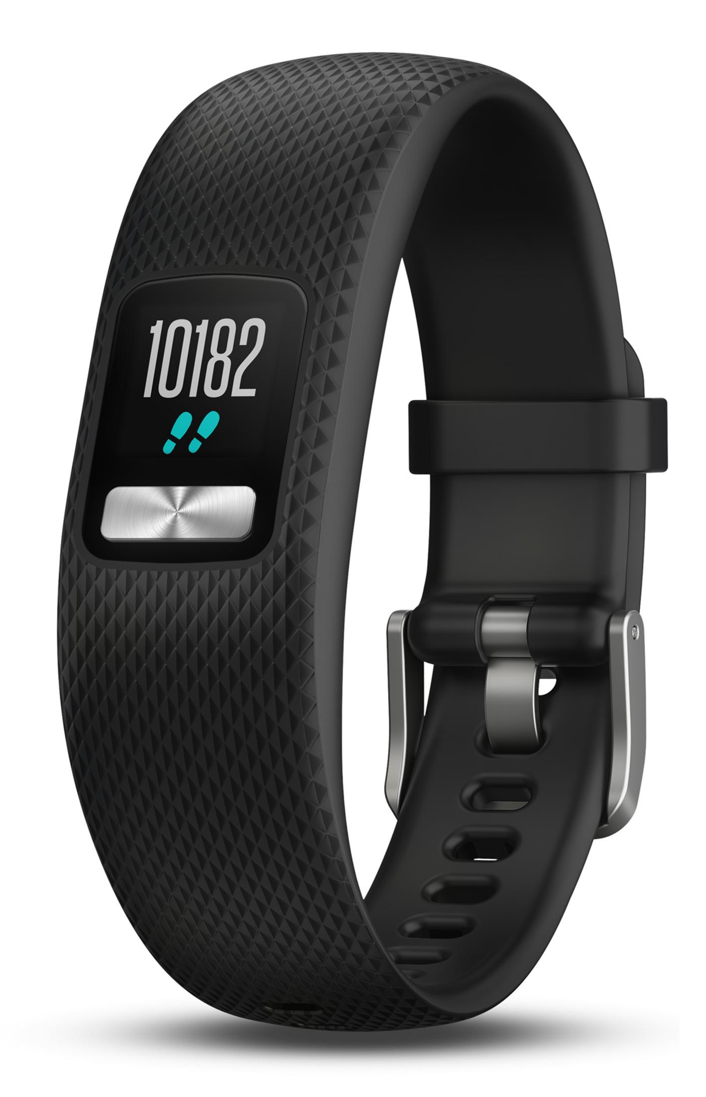 Bracciale fitness nero con pulsante argentato che mostra i passi.