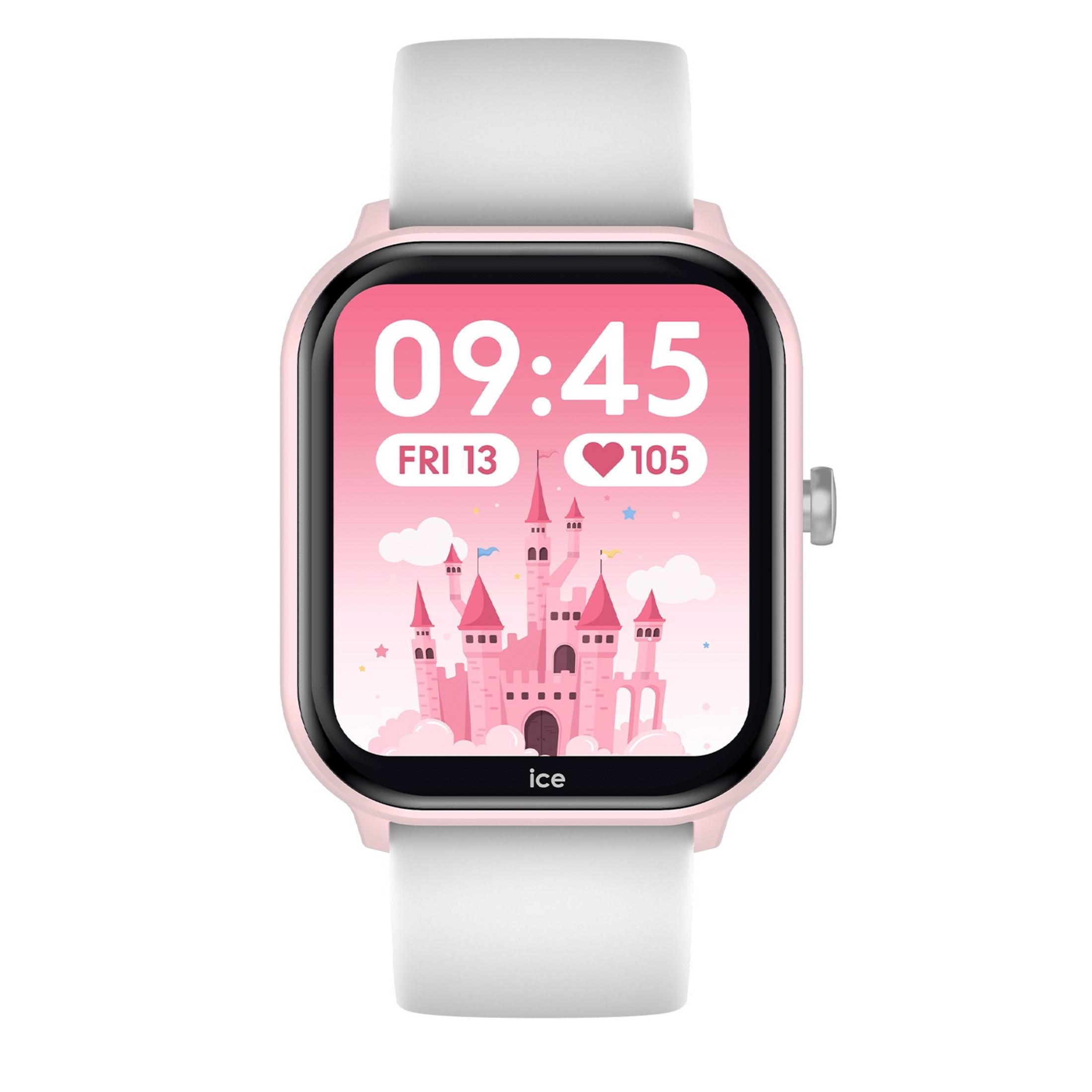 Eine rosa Smartwatch mit weißem Armband zeigt eine Schloss-Grafik mit der Uhrzeit 09:45.