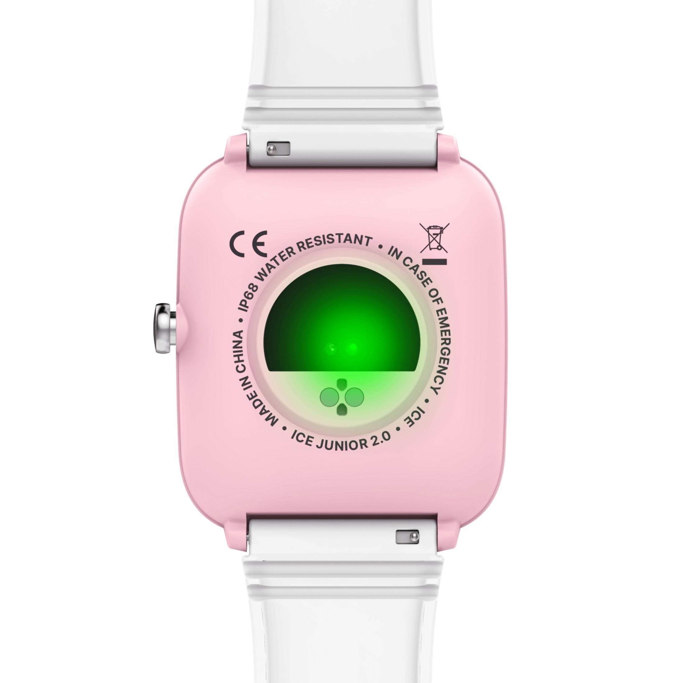 Rückseite einer pinken Smartwatch mit grünem Bildschirm und weißem Armband. Text: ICE JUNIOR 2.0.