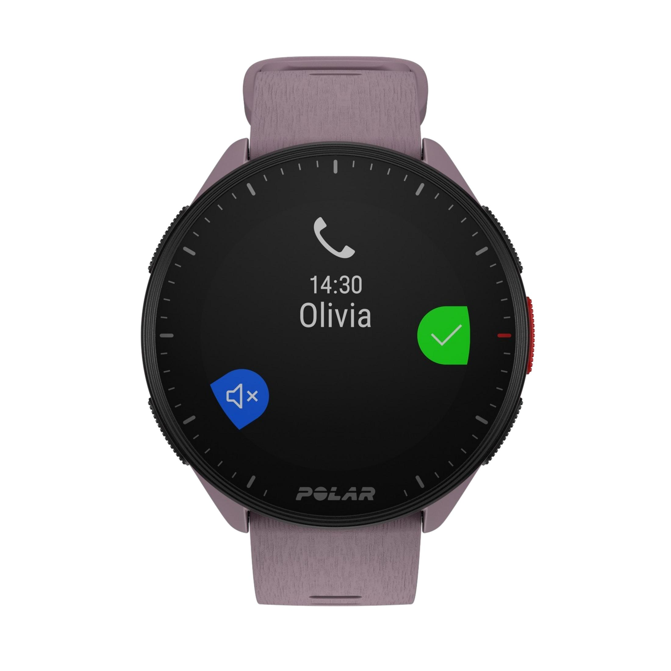 Zegarek smartwatch z fioletową bransoletą wyświetla połączenie przychodzące od Olivii.