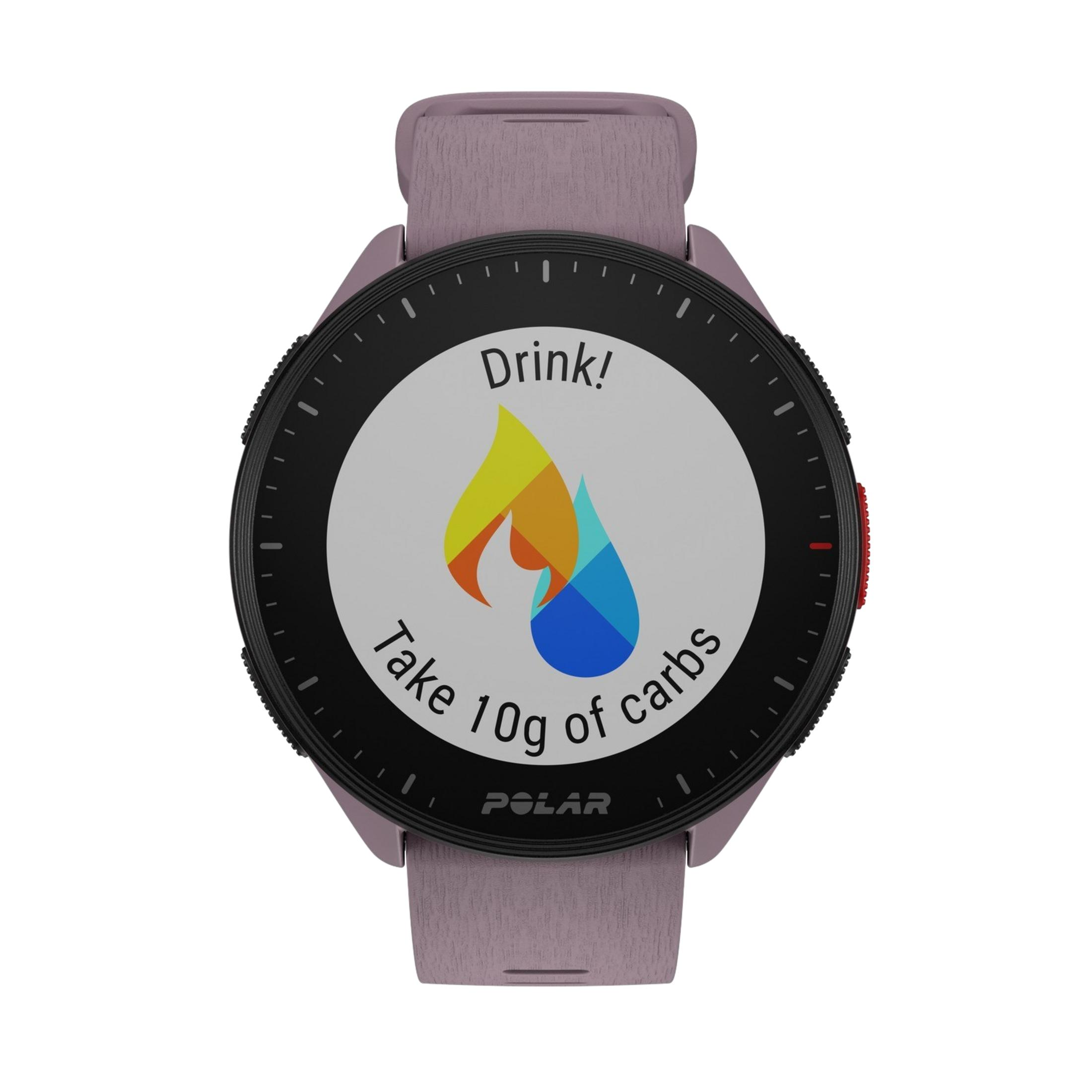 Fioletowy smartwatch wyświetla: 'Pij! Spożyj 10g węglowodanów.'