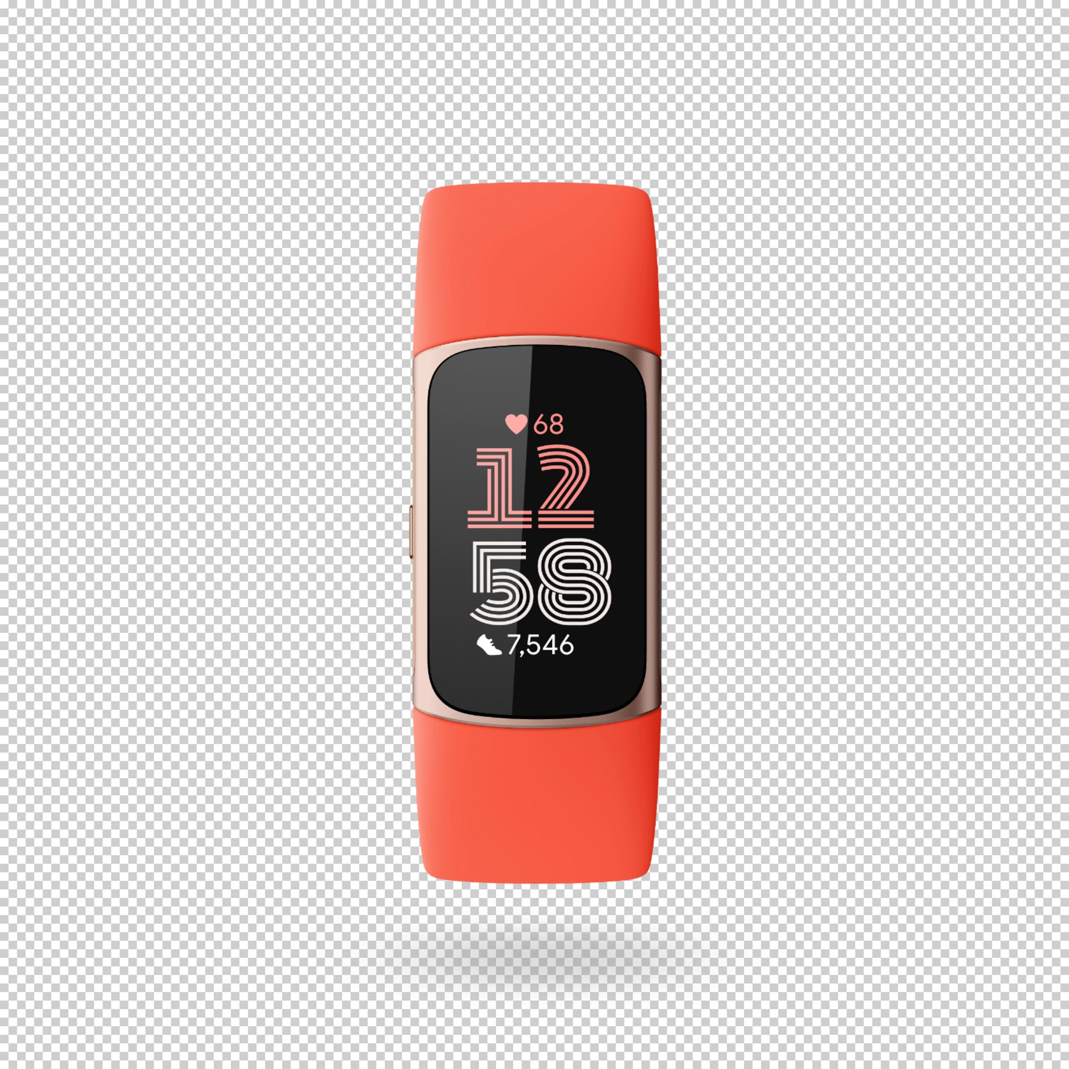 Koralowy smartwatch wyświetlający godzinę 12:58 i 7546 kroków na czarnym ekranie.