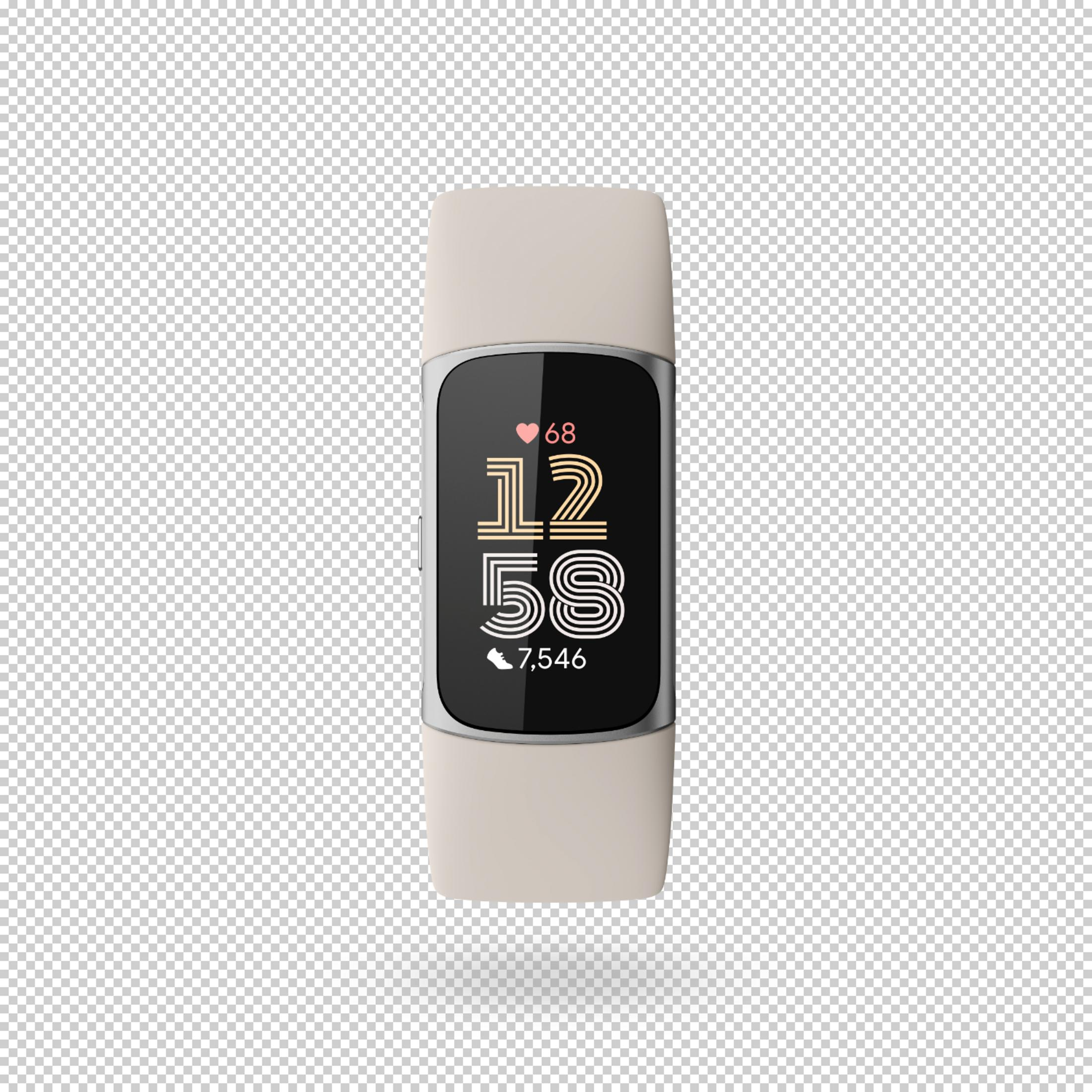 Beżowy tracker fitness ze srebrną ramką pokazuje godzinę 12:58.