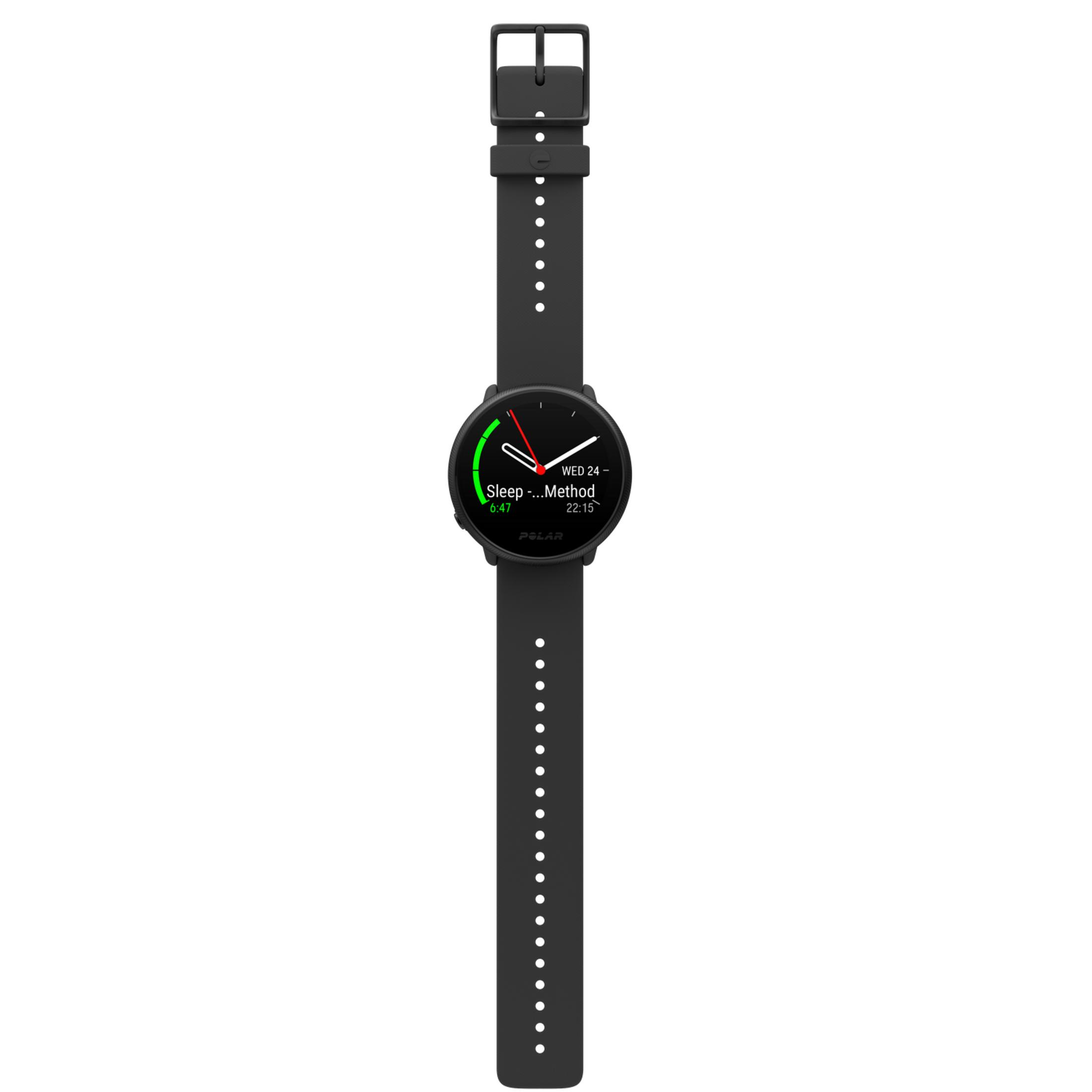Czarny smartwatch z okrągłą tarczą i czarnym paskiem.