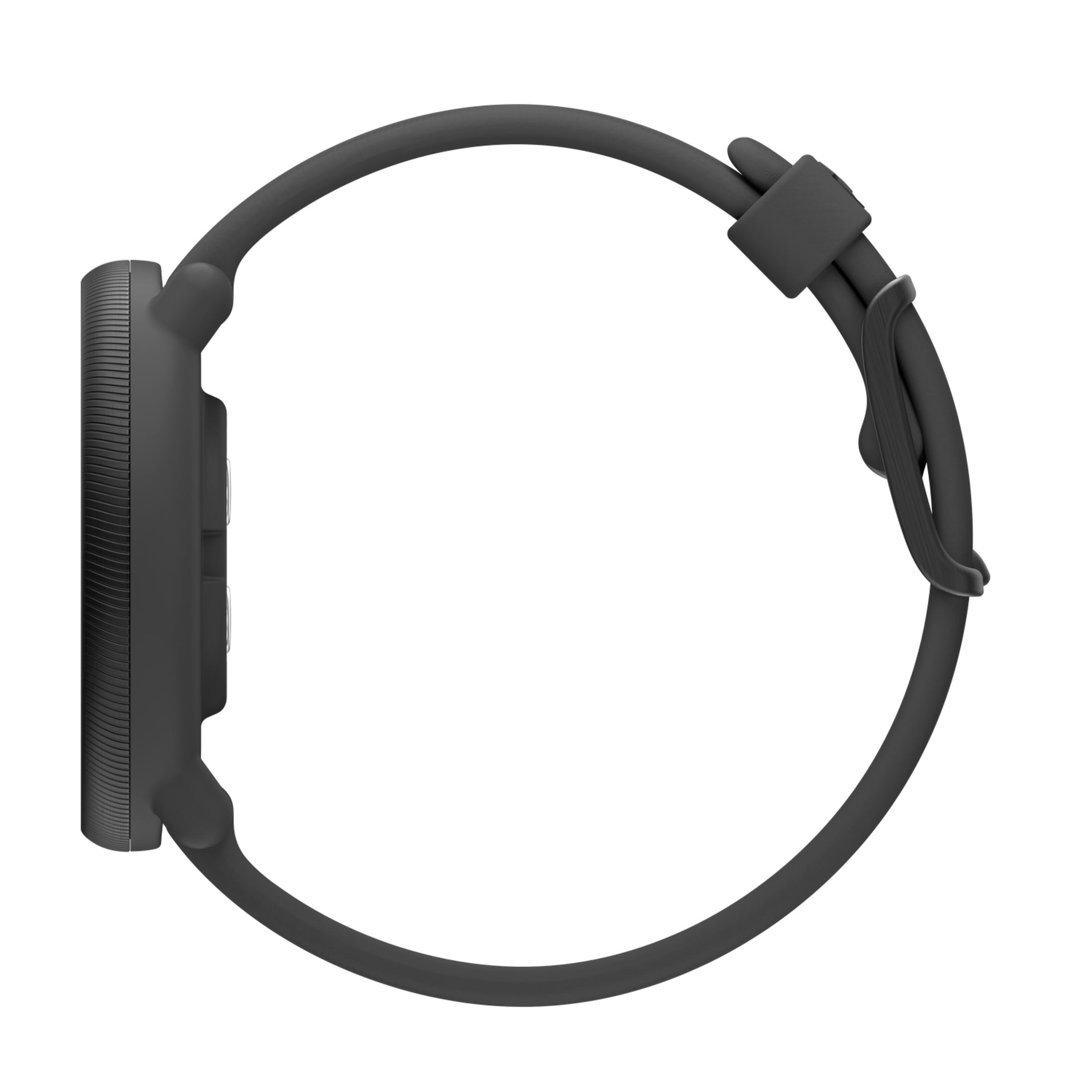 Szary smartwatch z rowkowaną obudową i paskiem, widok z boku.