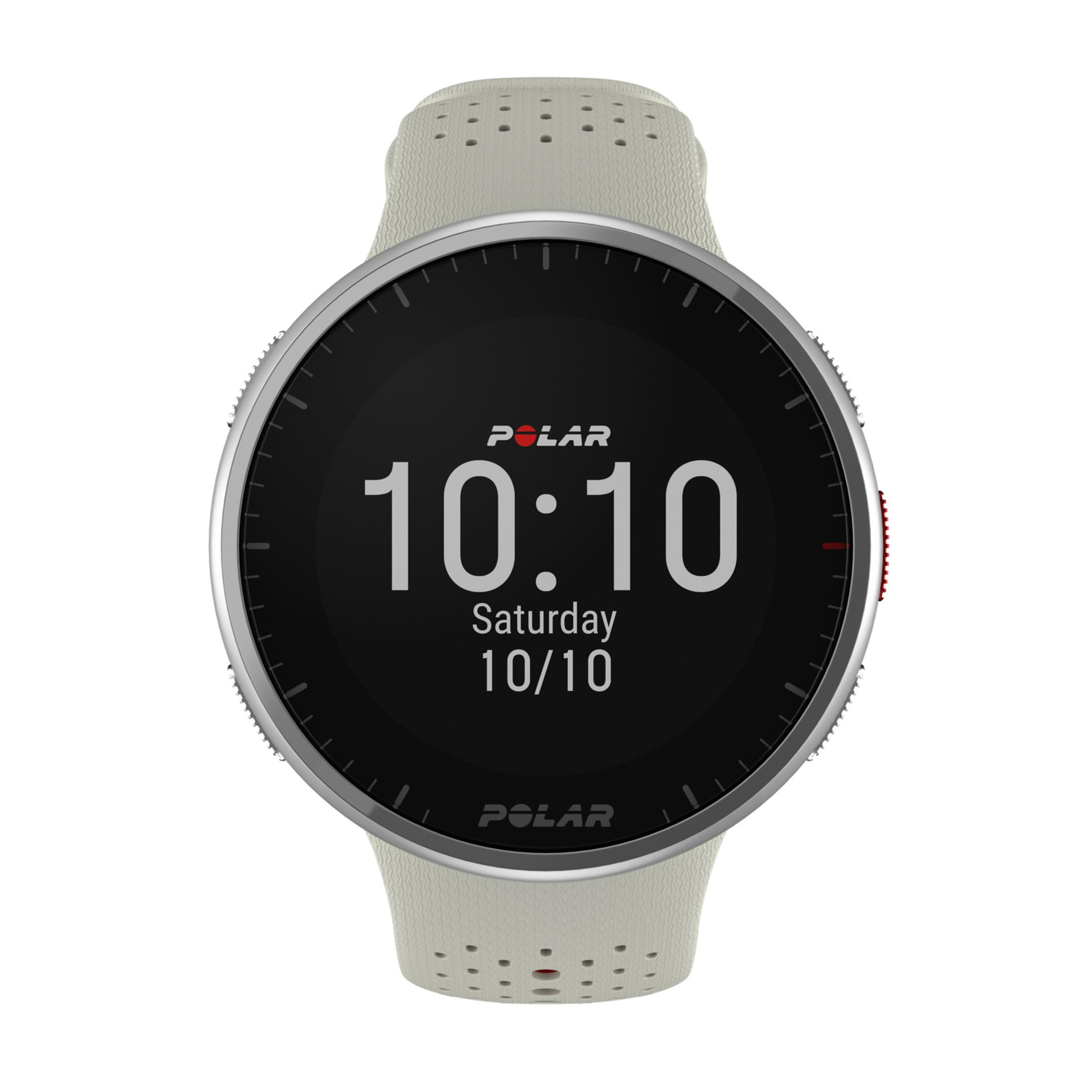 Jasnoszary smartwatch Polar ze srebrną ramką pokazuje 10:10 na czarnym ekranie.