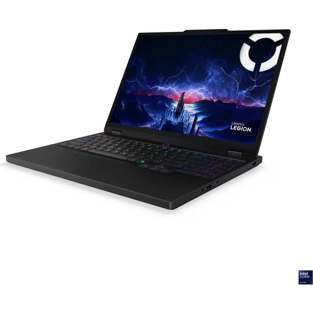 Renkli arka aydınlatmalı klavyeli ve fırtınalı duvar kağıtlı siyah Lenovo Legion dizüstü bilgisayar.