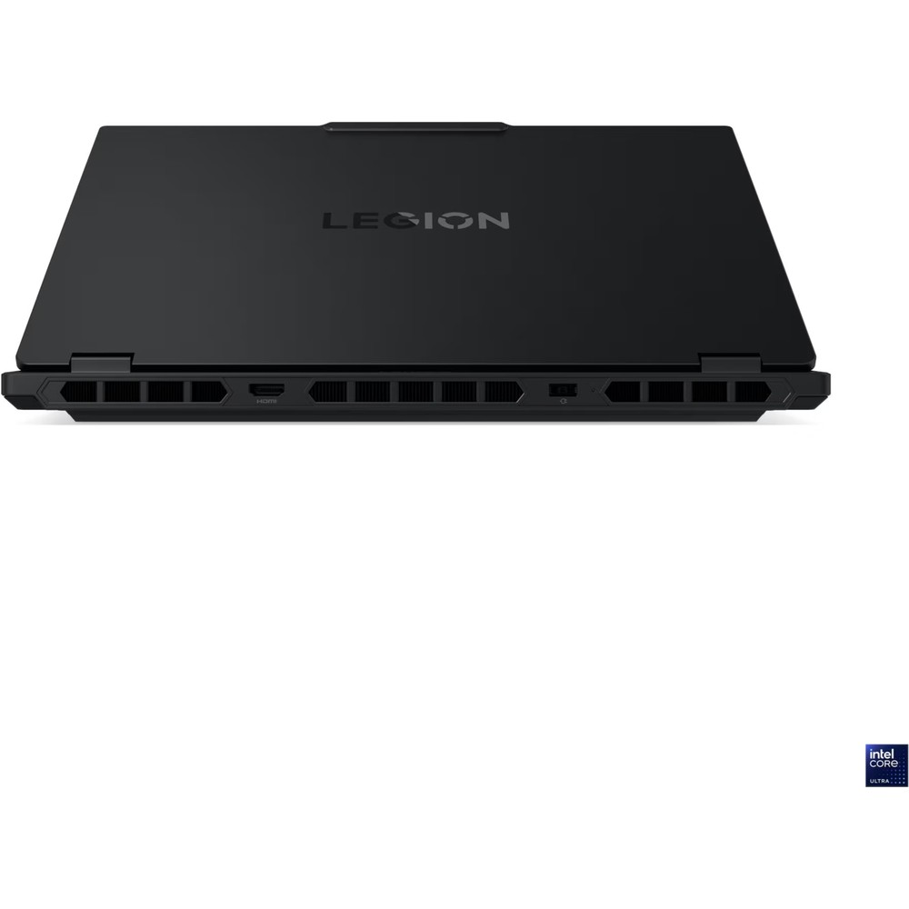 Kapalı siyah dizüstü bilgisayar, 'LEGION' logosu ve yan portları. Intel Core Ultra logosu.