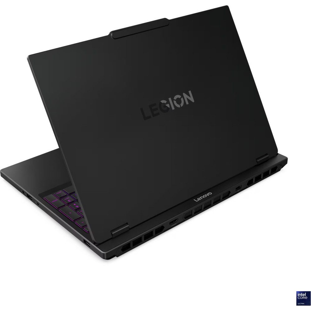 Arkadan aydınlatmalı klavyeli ve görünür portlu siyah Lenovo Legion dizüstü bilgisayar.