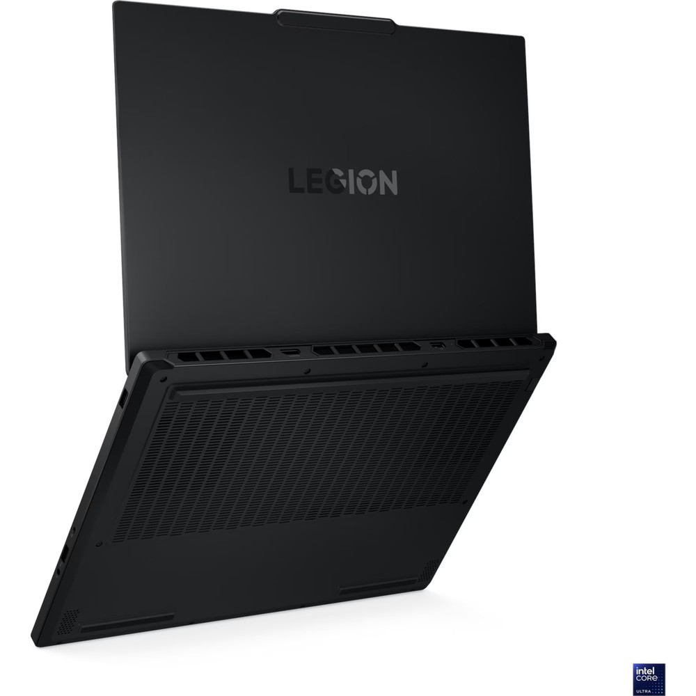 Açık kapaklı siyah Legion dizüstü bilgisayar, havalandırma ve bağlantı noktaları görünüyor. Intel Core Ultra logosu.