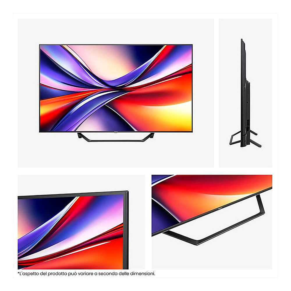 Una TV moderna con immagine astratta e colorata, vista frontale, laterale e ravvicinata.