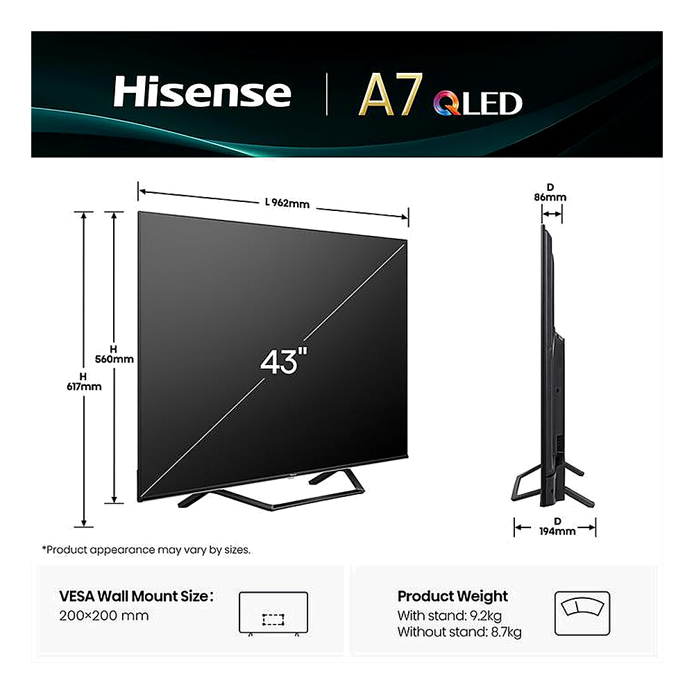 Specifiche tecniche di una TV Hisense A7 QLED da 43 pollici.