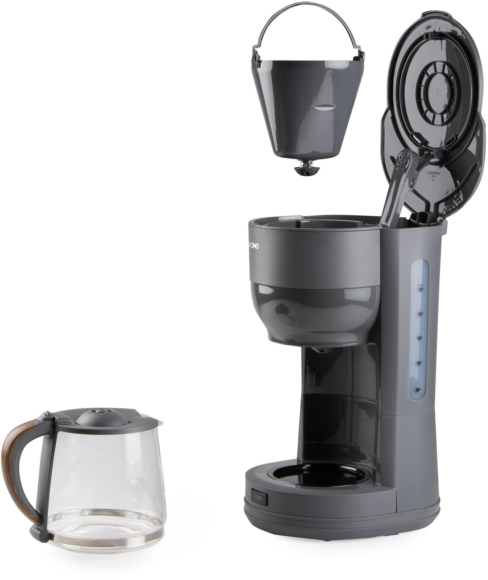 Grauer Kaffeefilterhalter über einer Kaffeemaschine mit Glaskaraffe.