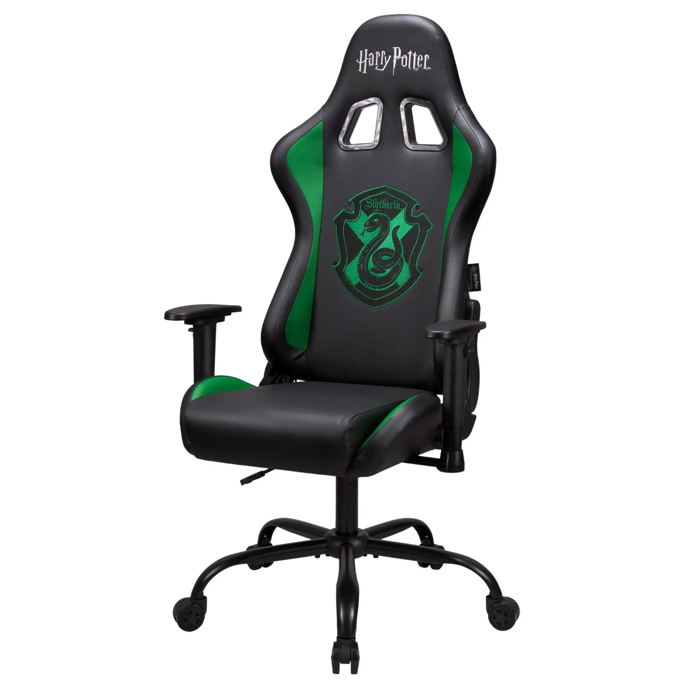 Schwarzer Gamingstuhl mit grünen Akzenten und Slytherin-Logo.