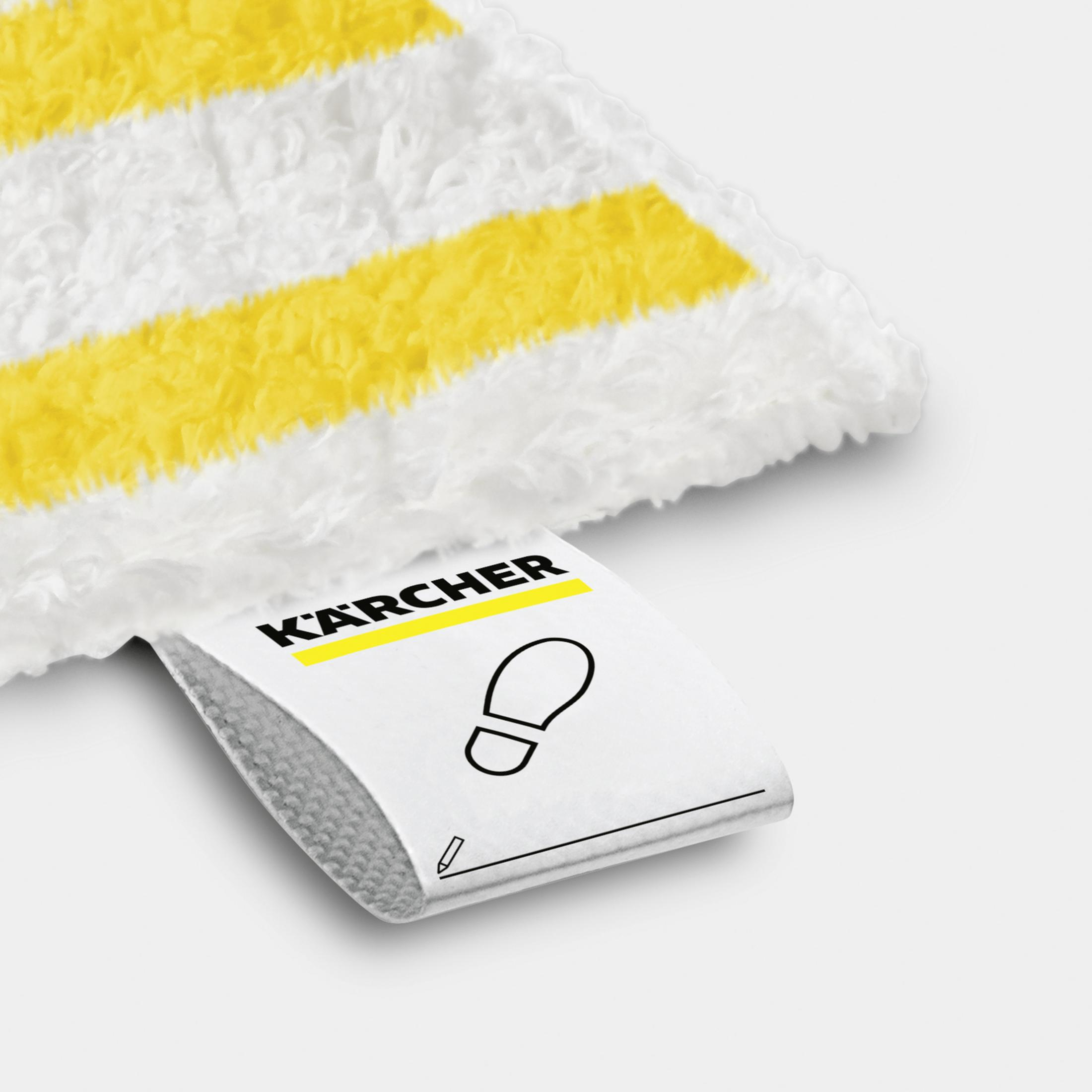 Biała ścierka z żółtymi paskami i etykietą Karcher z ikoną śladu buta.