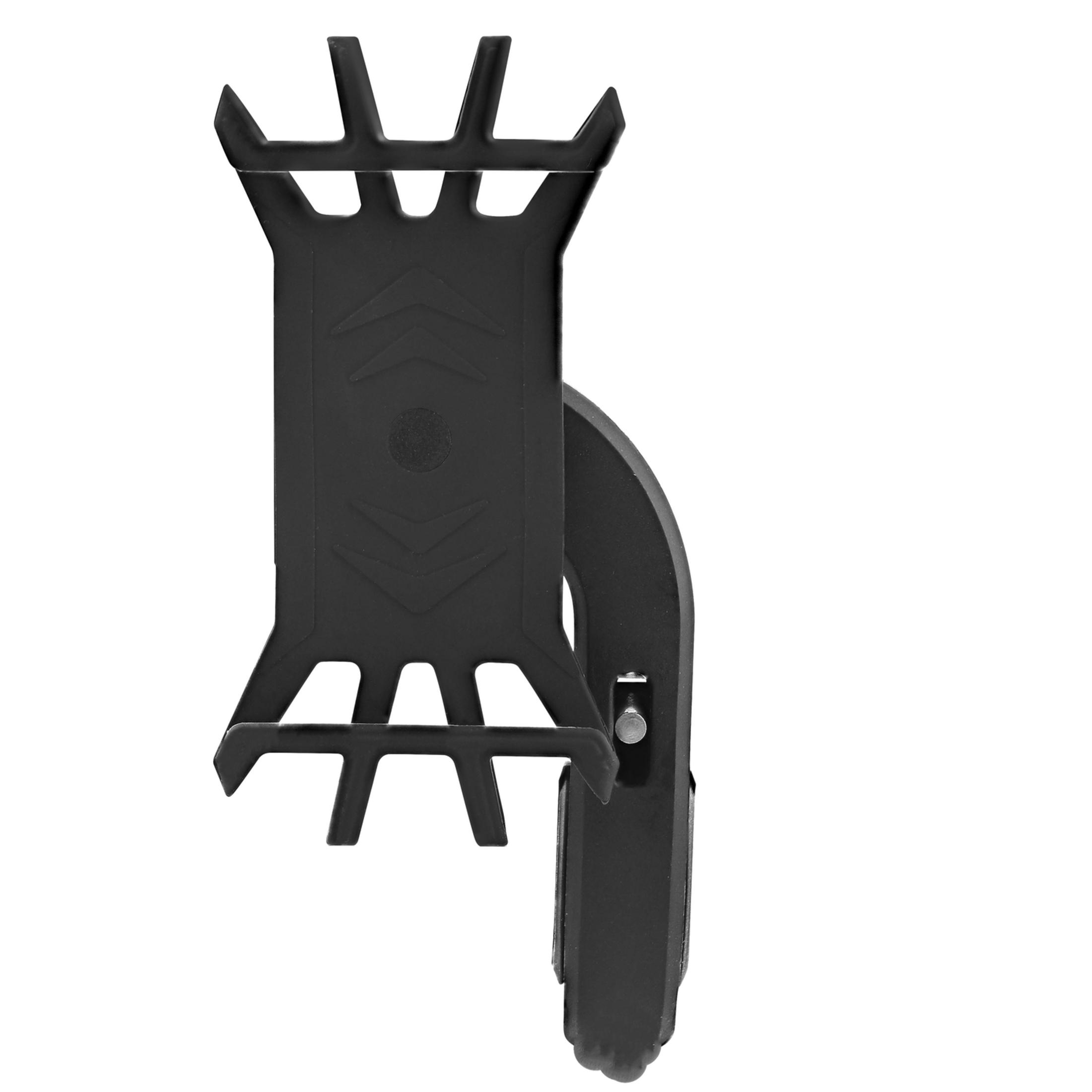 Un support de téléphone noir réglable avec des griffes et un bras courbé.