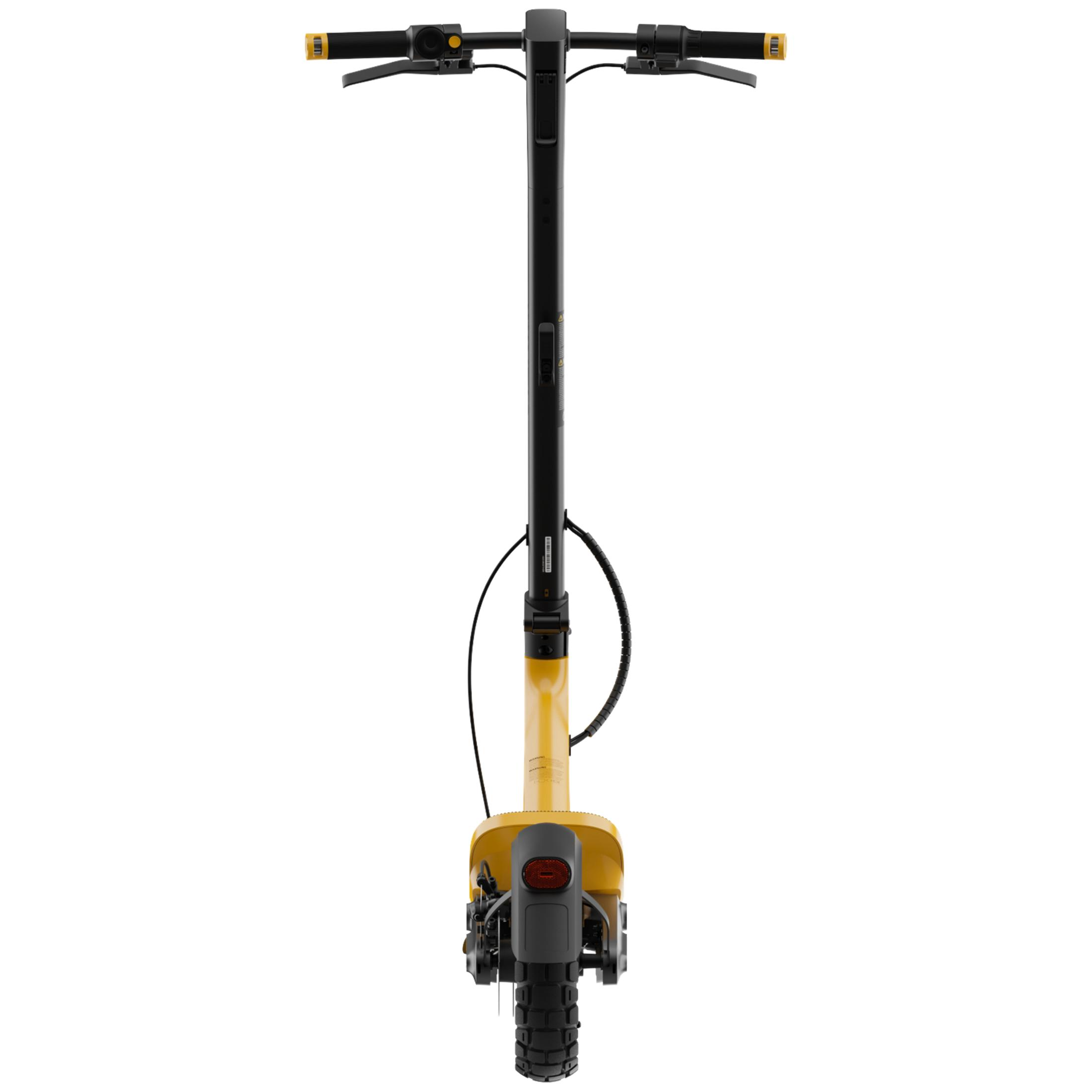 Ein gelber E-Scooter mit schwarzem Lenker und Reifen.