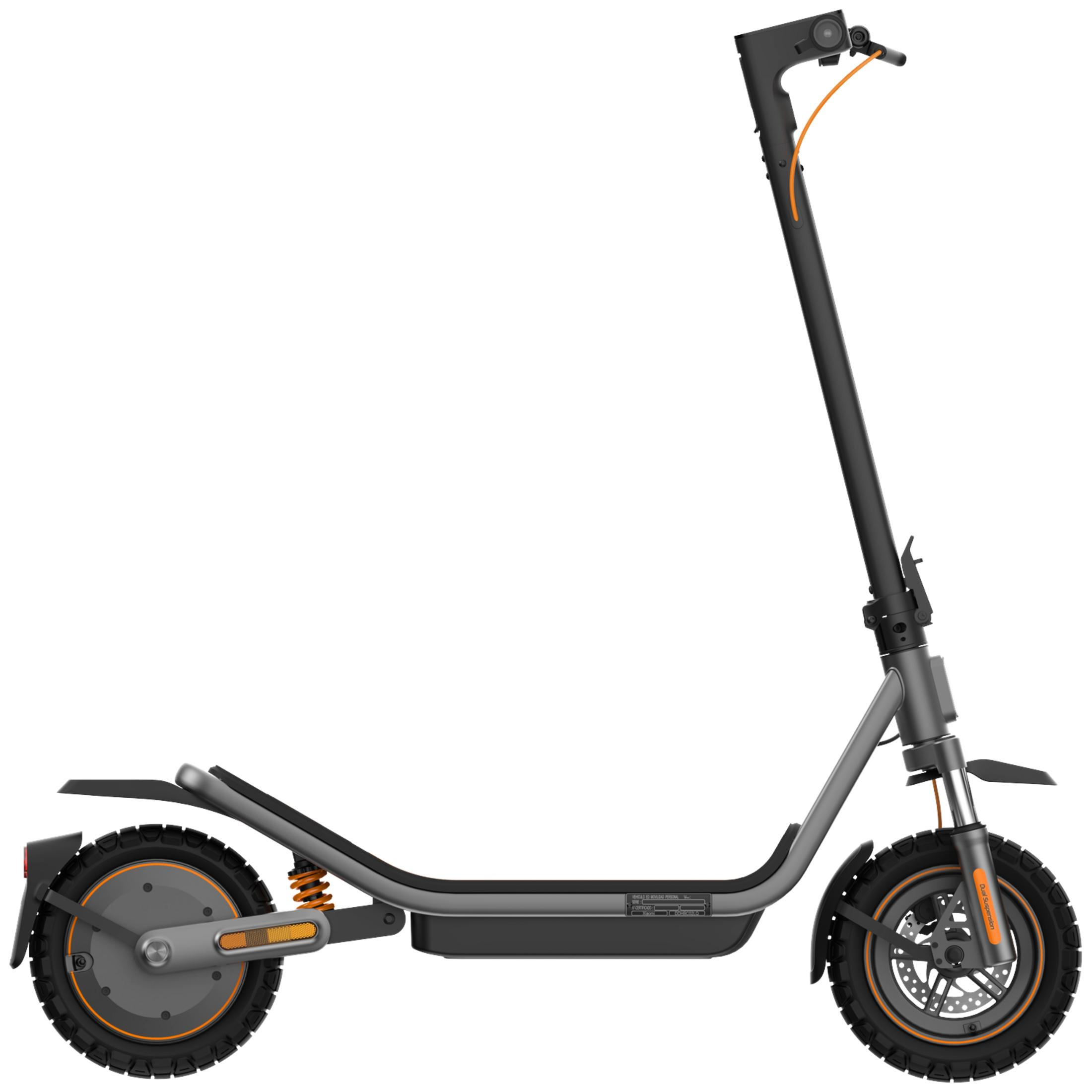 Ein grauer Elektroroller mit orangen Akzenten, Vorder- und Hinterrad.