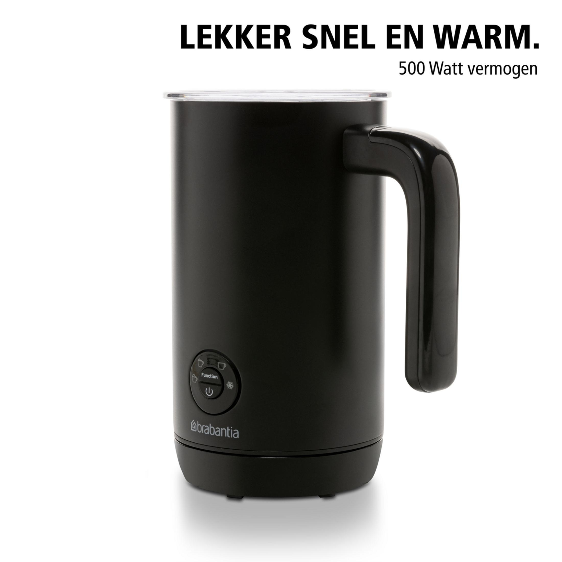 Black milk frother with handle and control panel. Text in Dutch.