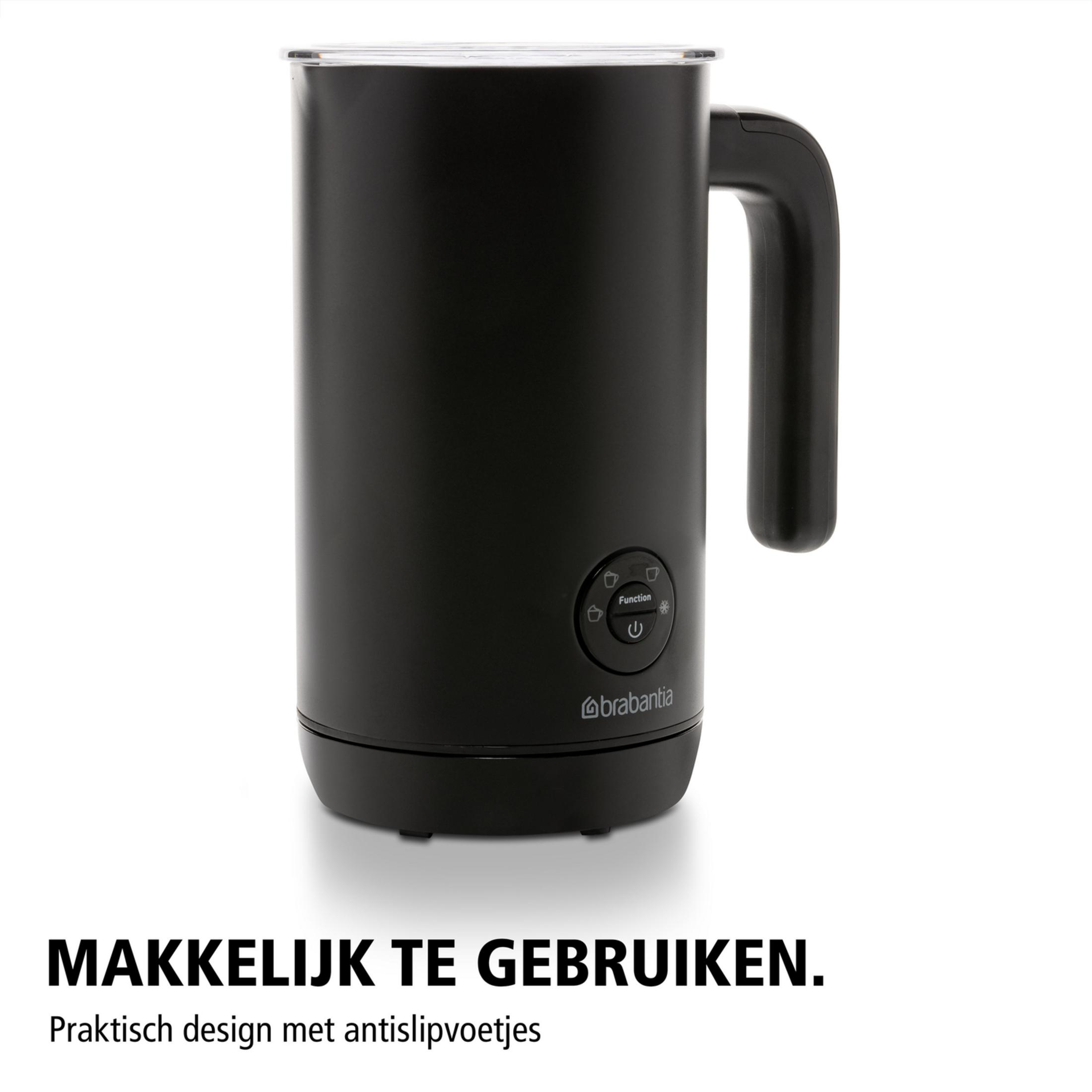 Black Brabantia milk frother with control buttons and a handle.