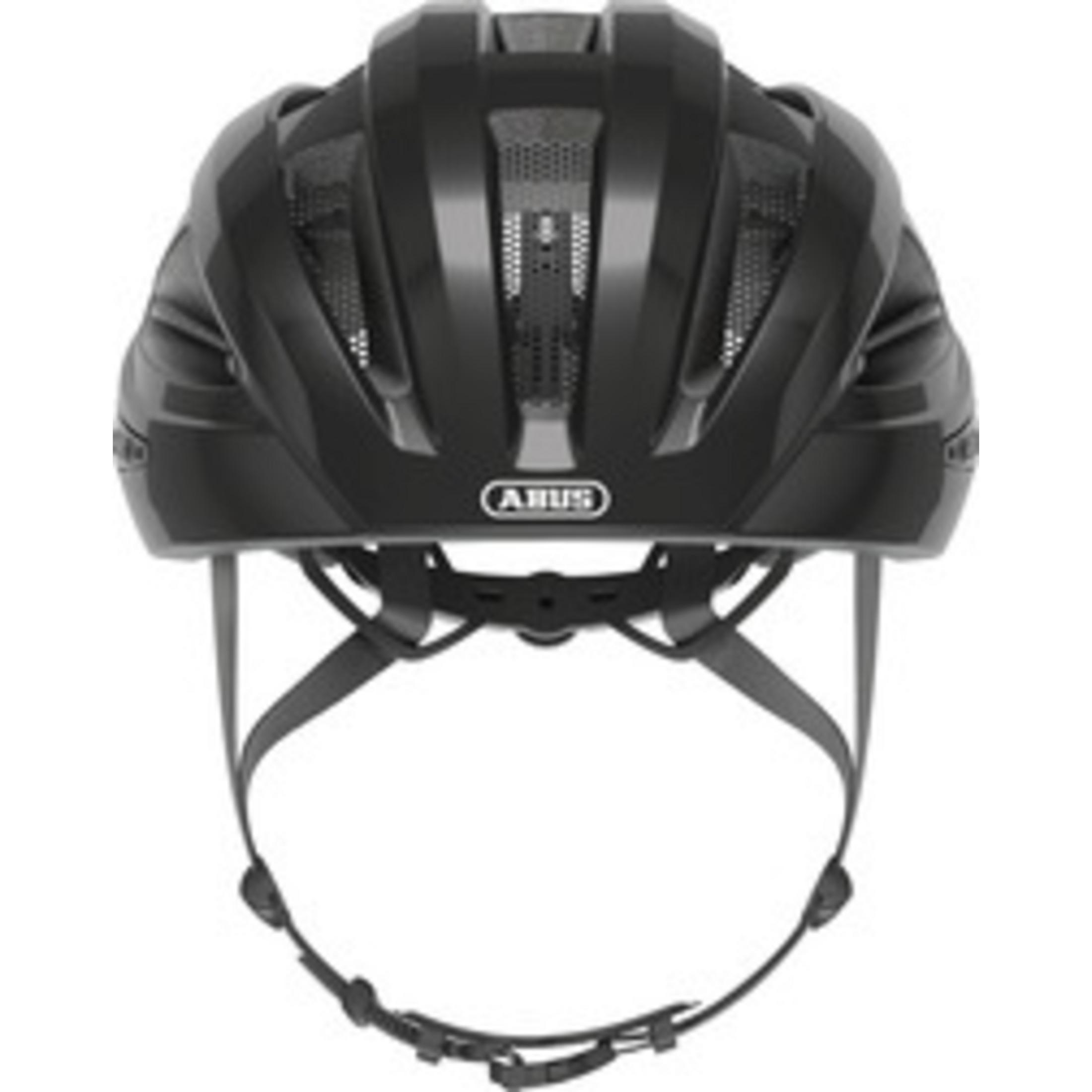 Ein schwarzer Fahrradhelm mit Lüftungsschlitzen und verstellbaren Riemen, mit ABUS-Logo.