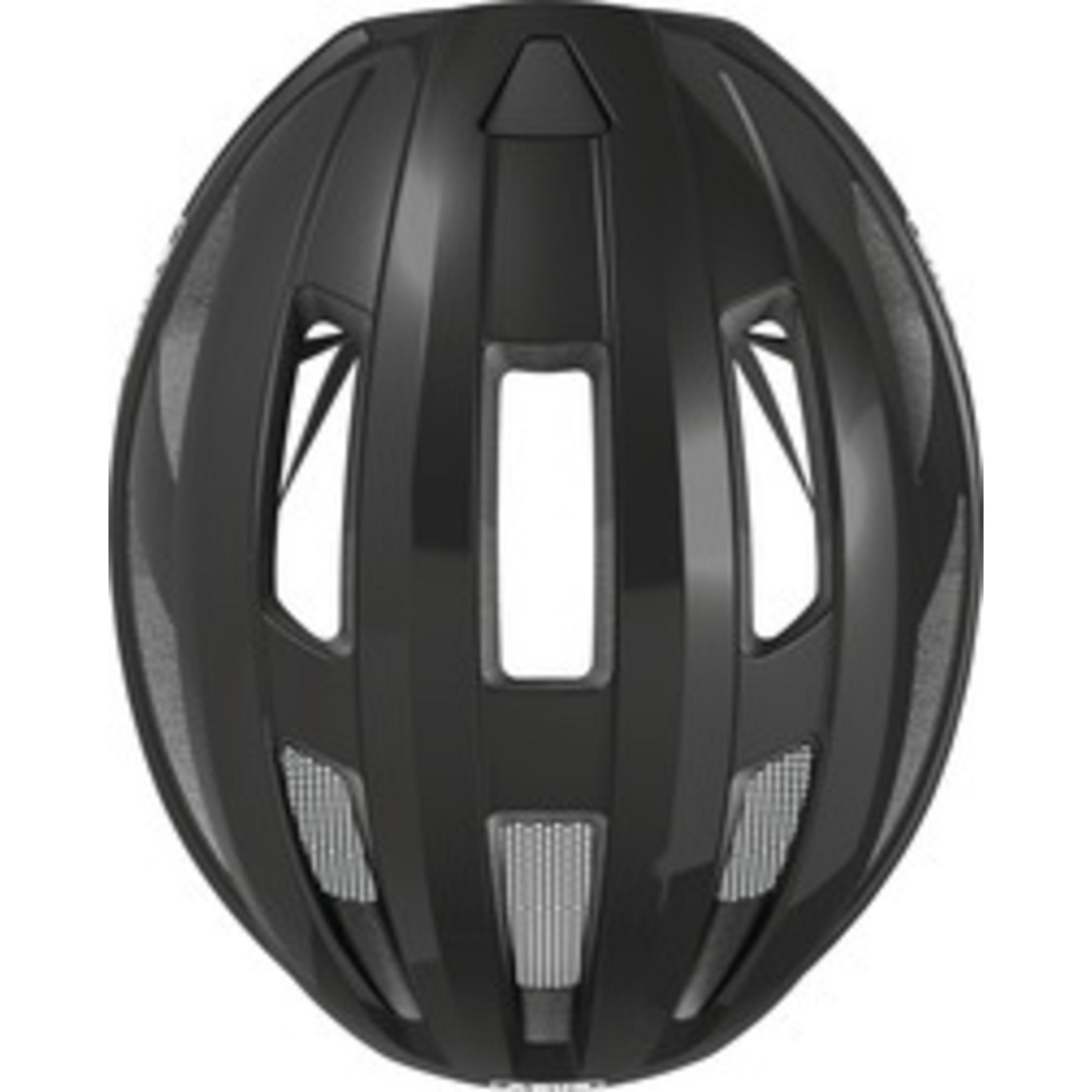 Schwarzer Fahrradhelm mit Belüftungsschlitzen und grauem Gitter.