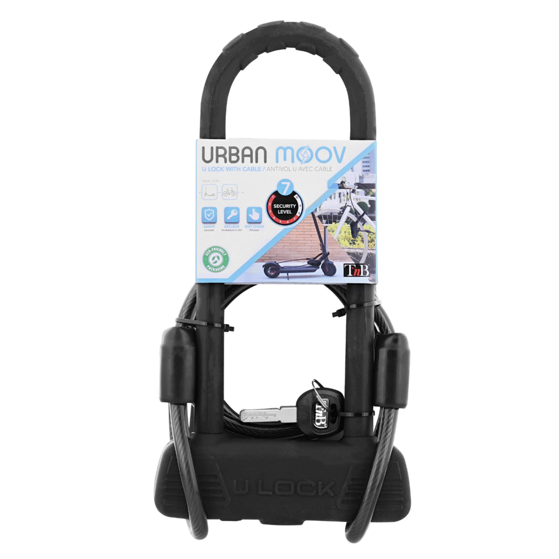 Schwarzes U-Schloss mit Kabel und Schlüssel, ideal für Roller und Fahrräder.
