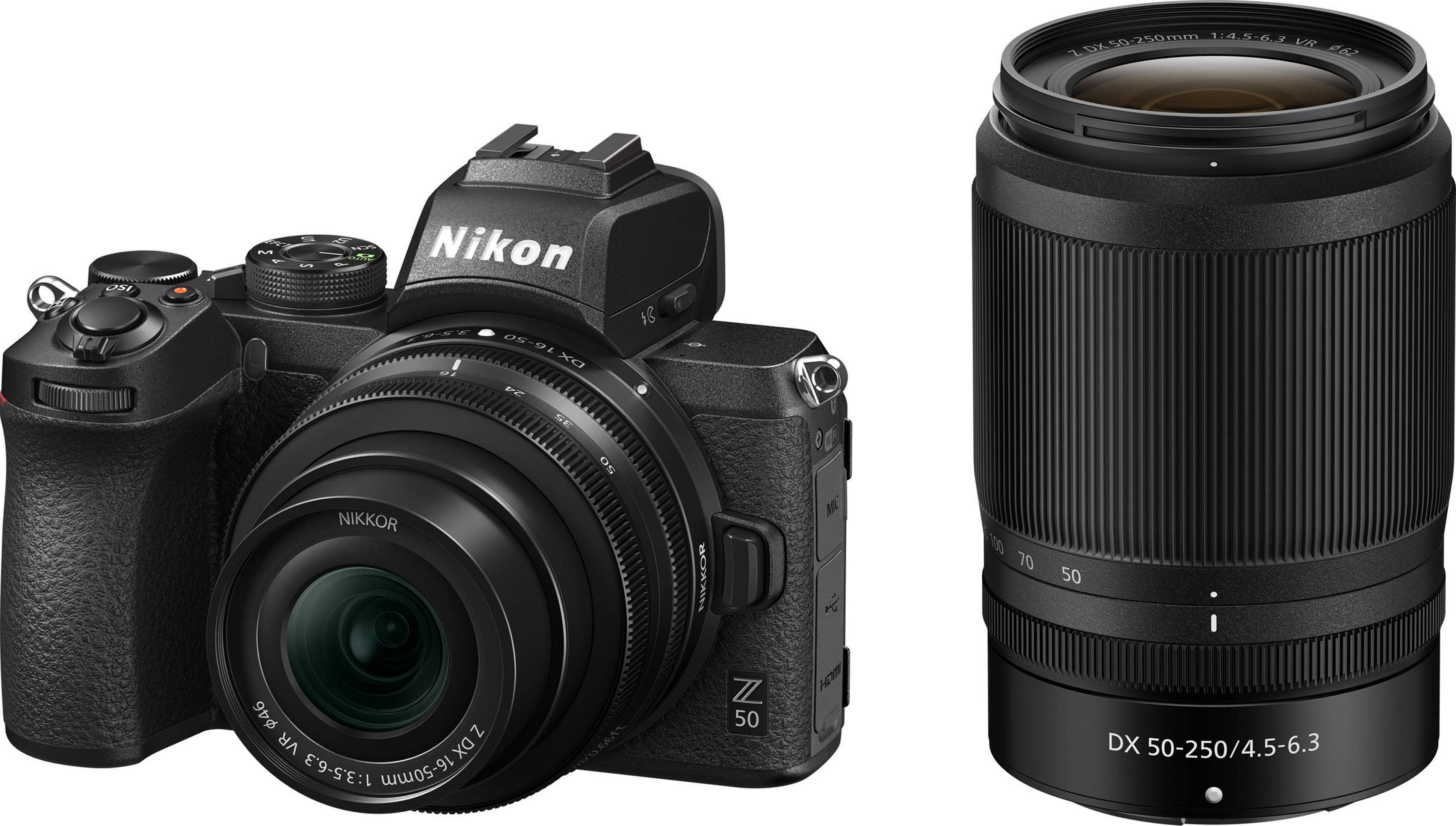 Zwei schwarze Nikon Kameras: eine digitale Spiegelreflexkamera und ein Objektiv.