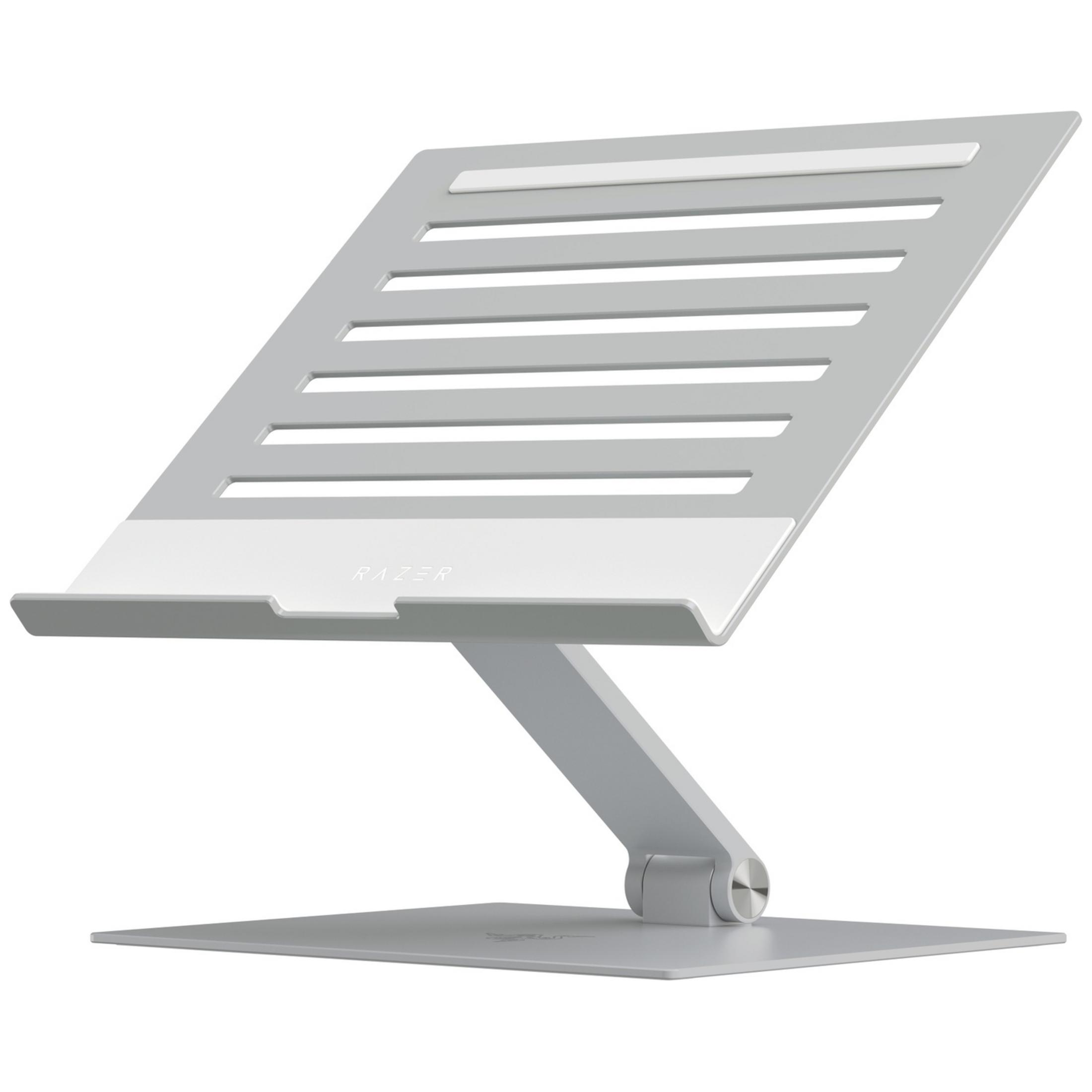 A silver laptop stand with slotted vents and a white support ledge.