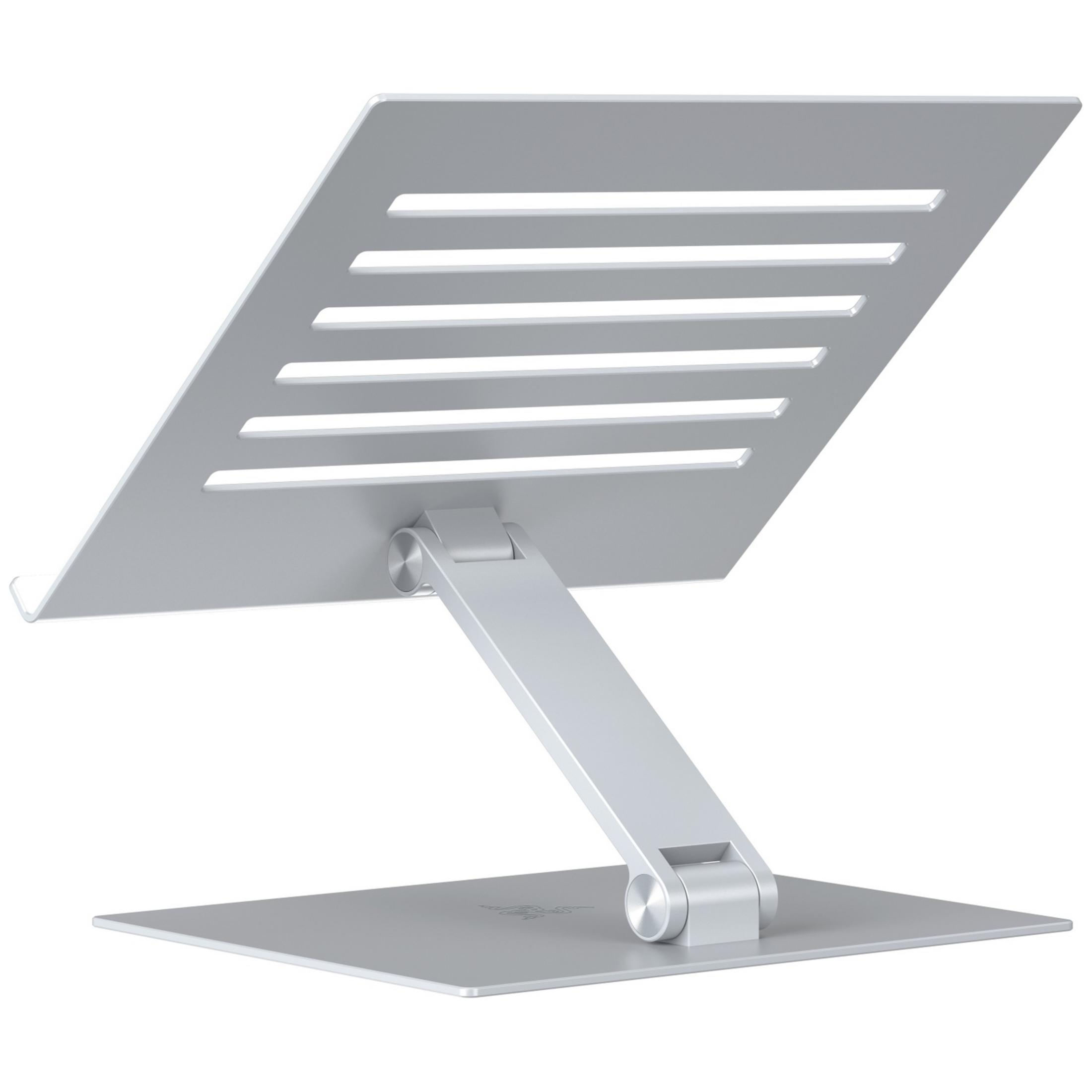 A silver laptop stand with slots and an adjustable arm on a white background.