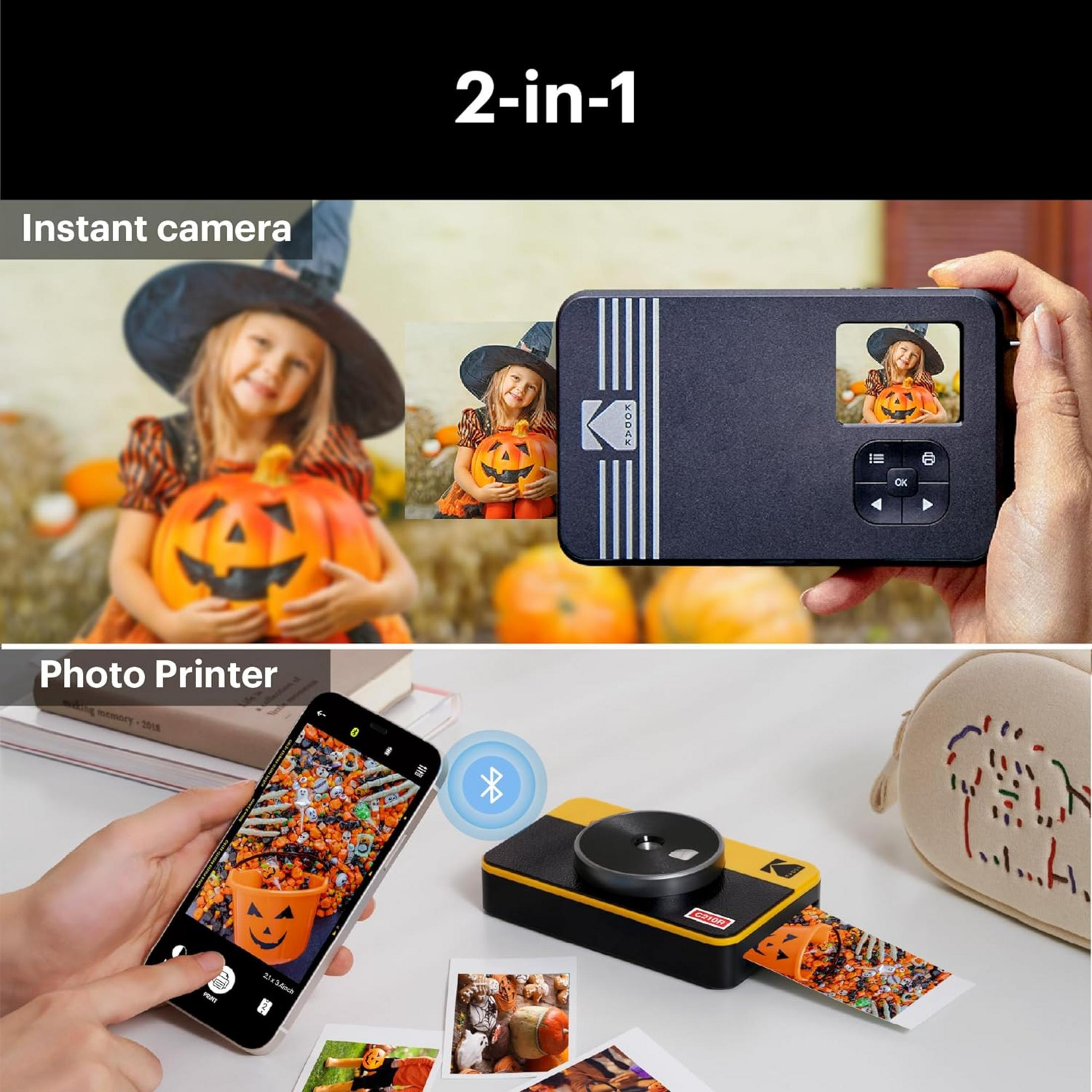 Kamera/drukarka Kodak 2 w 1 pokazuje motywy Halloween. Dziecko z dynią, telefon, drukarka.