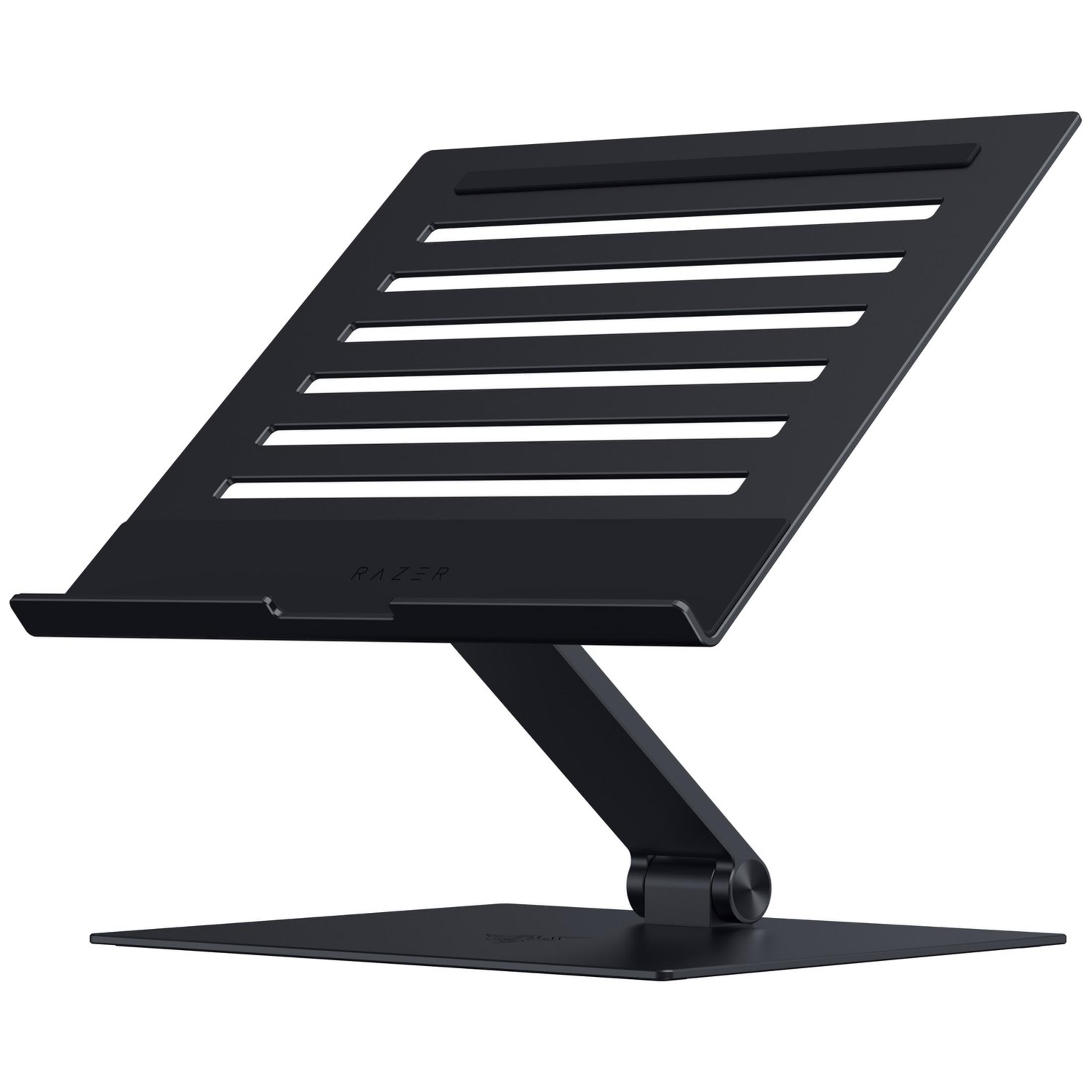 A black laptop stand with ventilation slots and an adjustable arm.