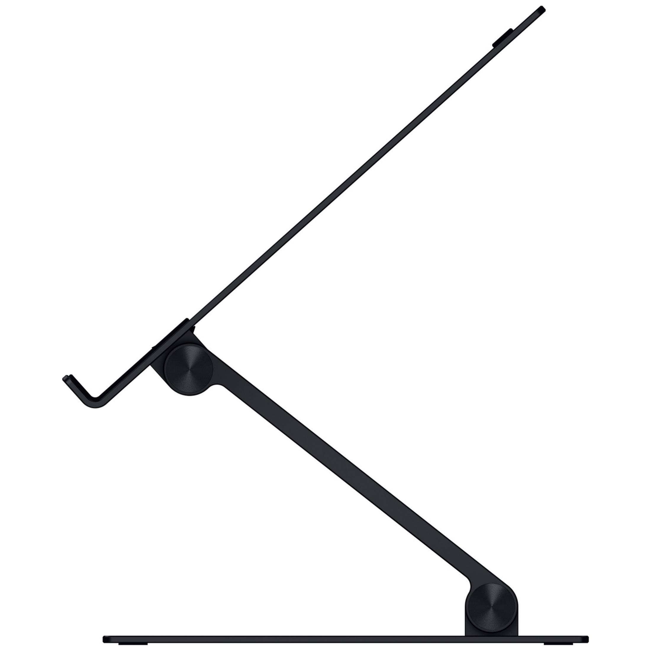 A black, adjustable laptop stand with a flat base.
