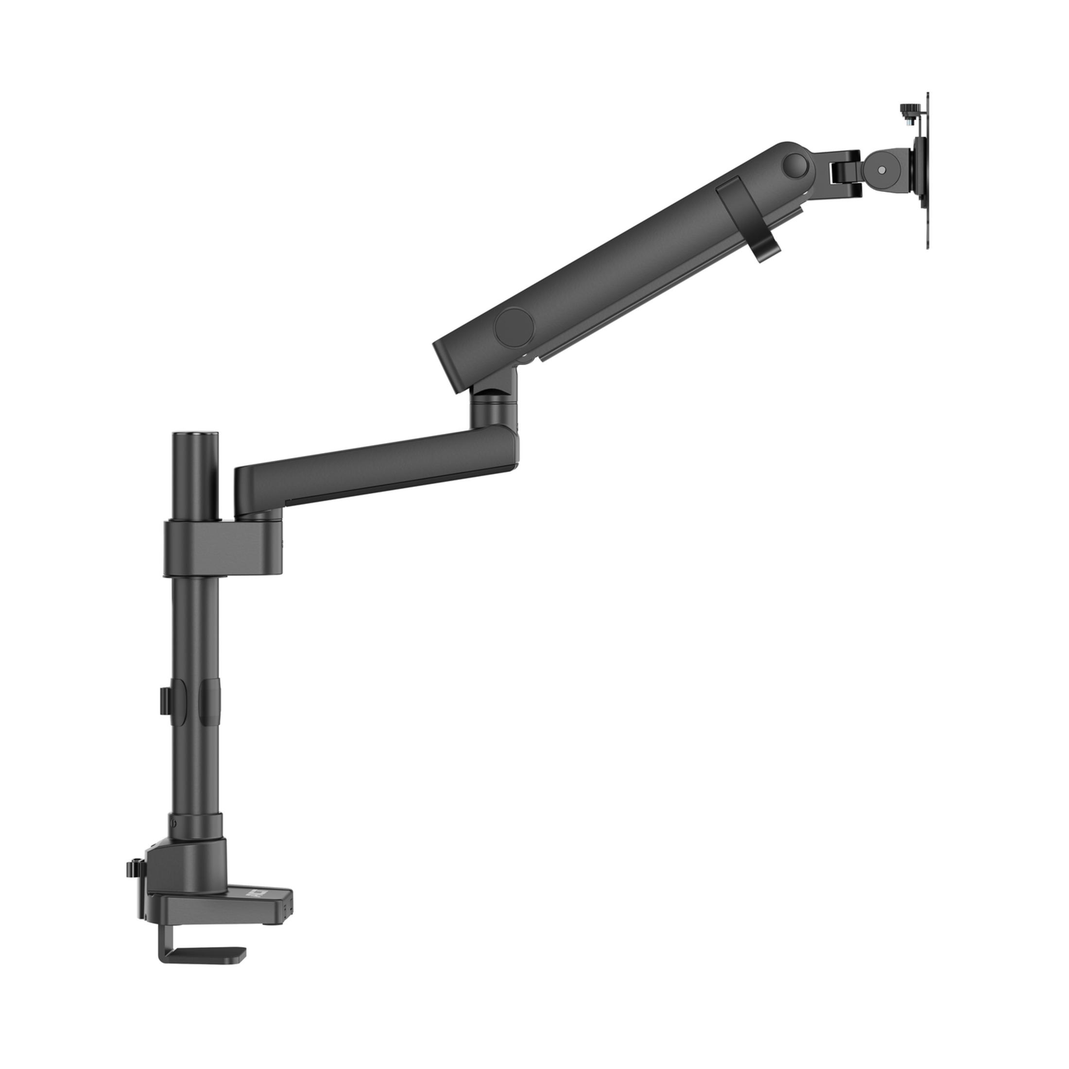 Un bras de moniteur noir avec base à pince et bras articulé réglable.