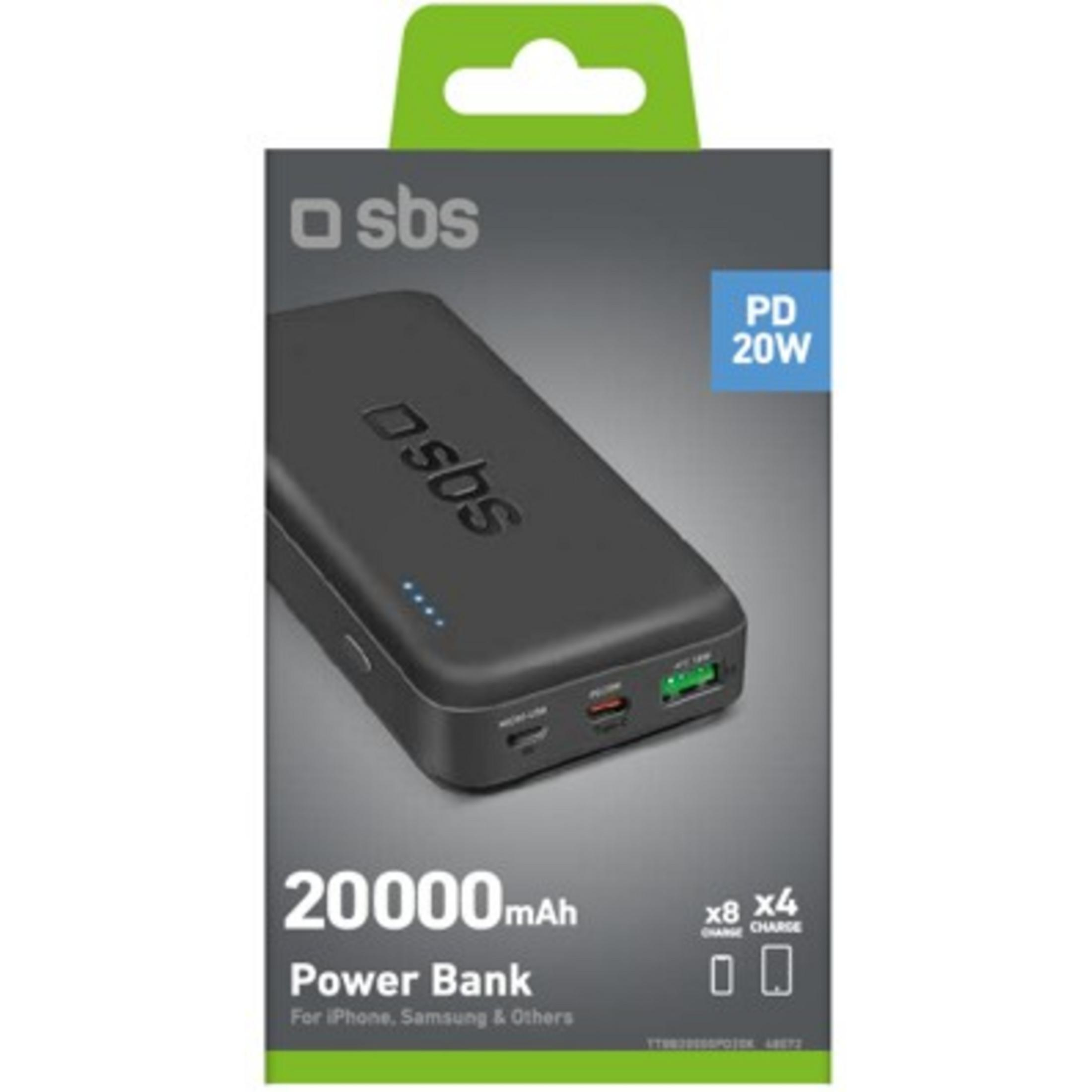 Czarny power bank SBS 20.000 mAh z ładowaniem PD 20W.