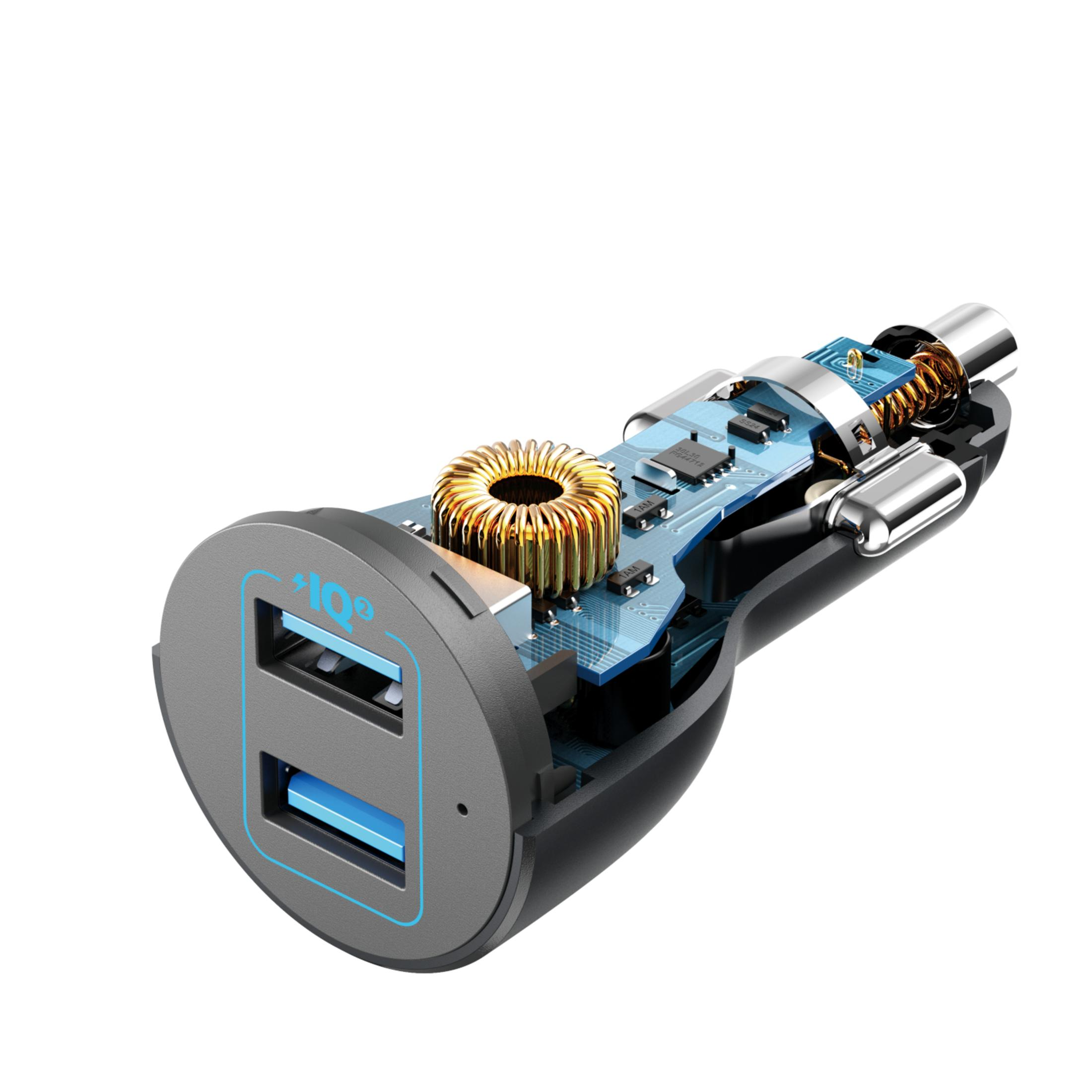 Vista in sezione di un caricatore per auto che mostra componenti interni come circuito stampato, bobine e porte USB.