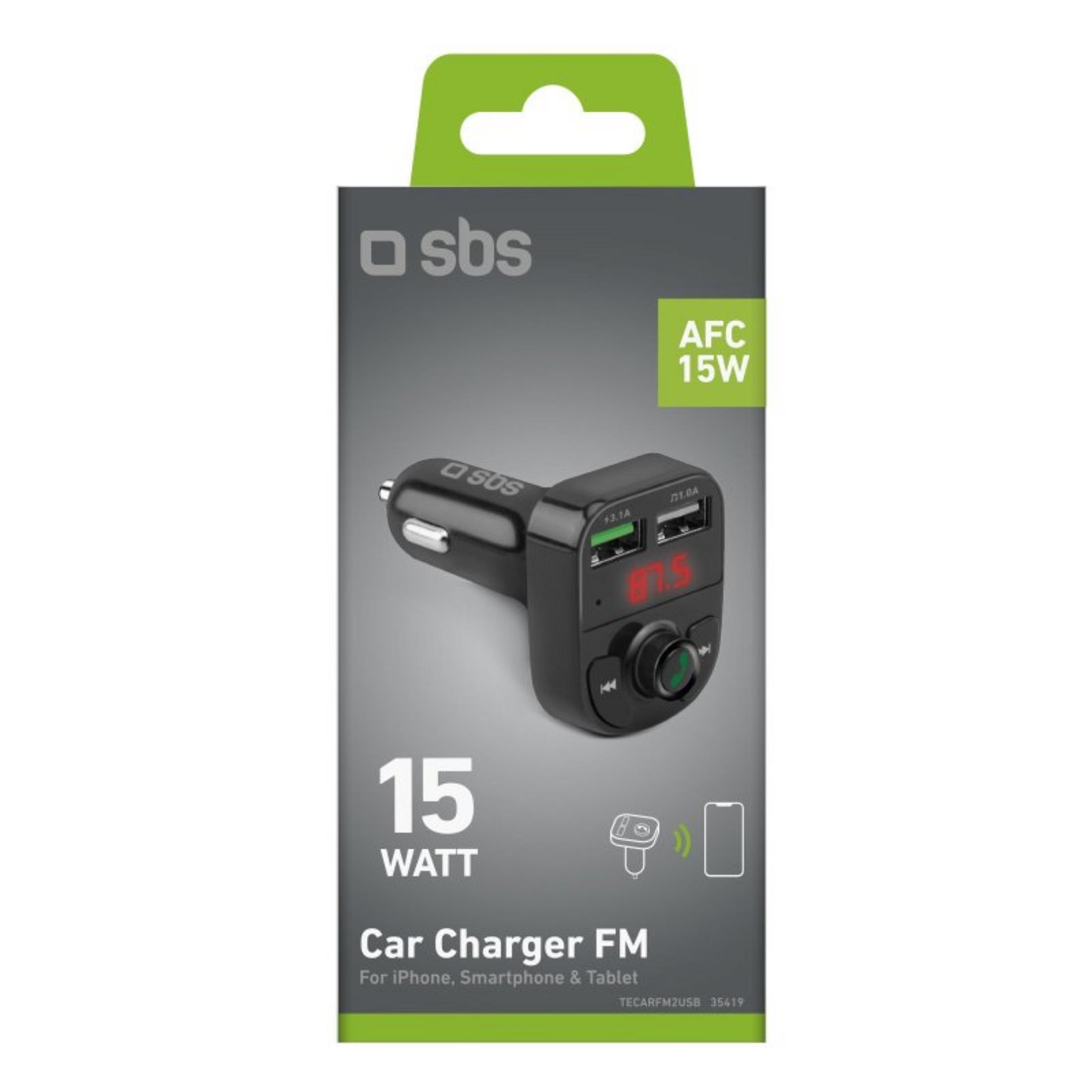 SBS 15W Auto-Ladegerät mit FM-Transmitter und zwei USB-Anschlüssen.
