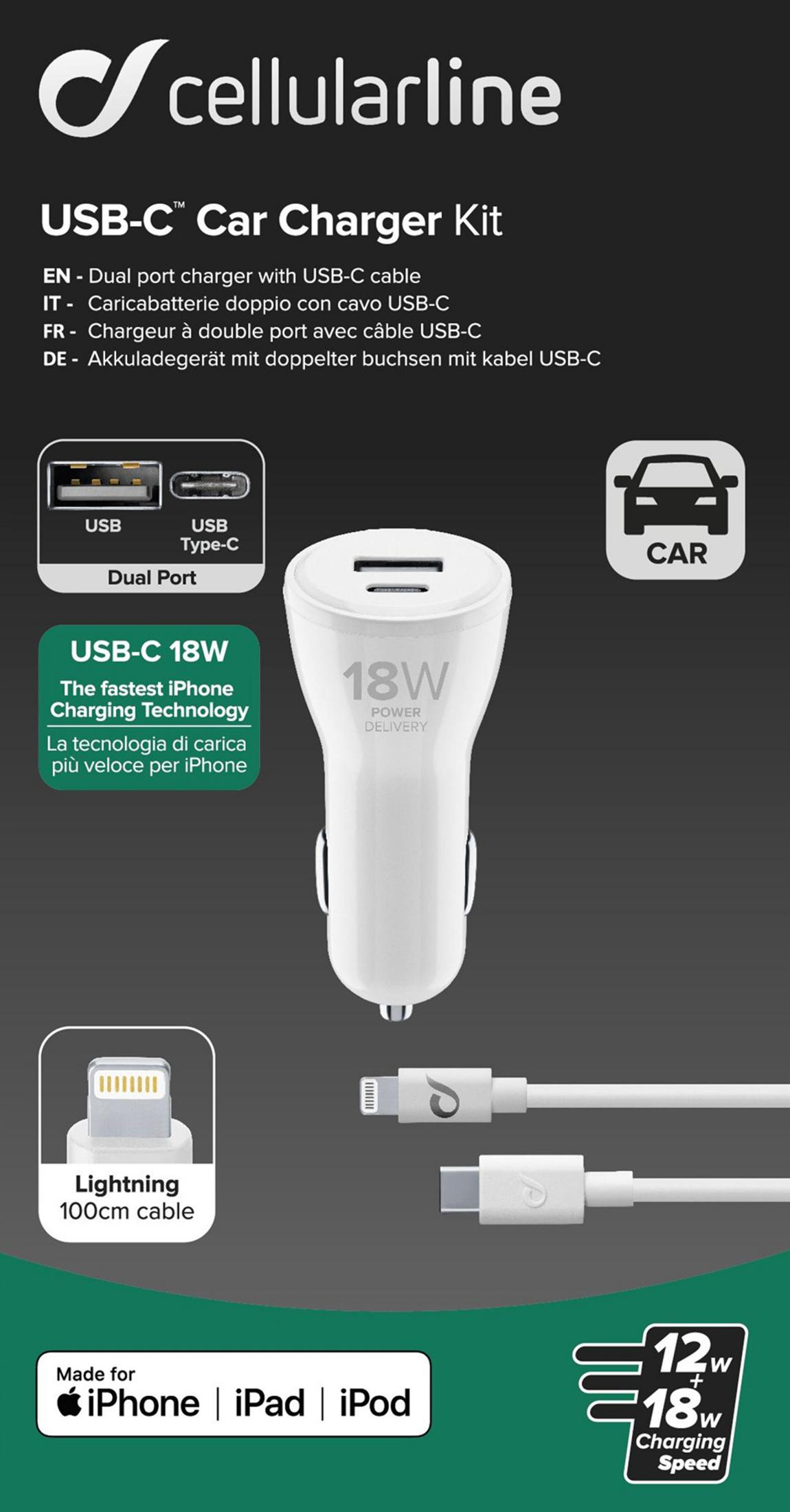 Cellularline USB-C Kfz-Ladegerät mit 18W Power Delivery und 100cm Lightning-Kabel.