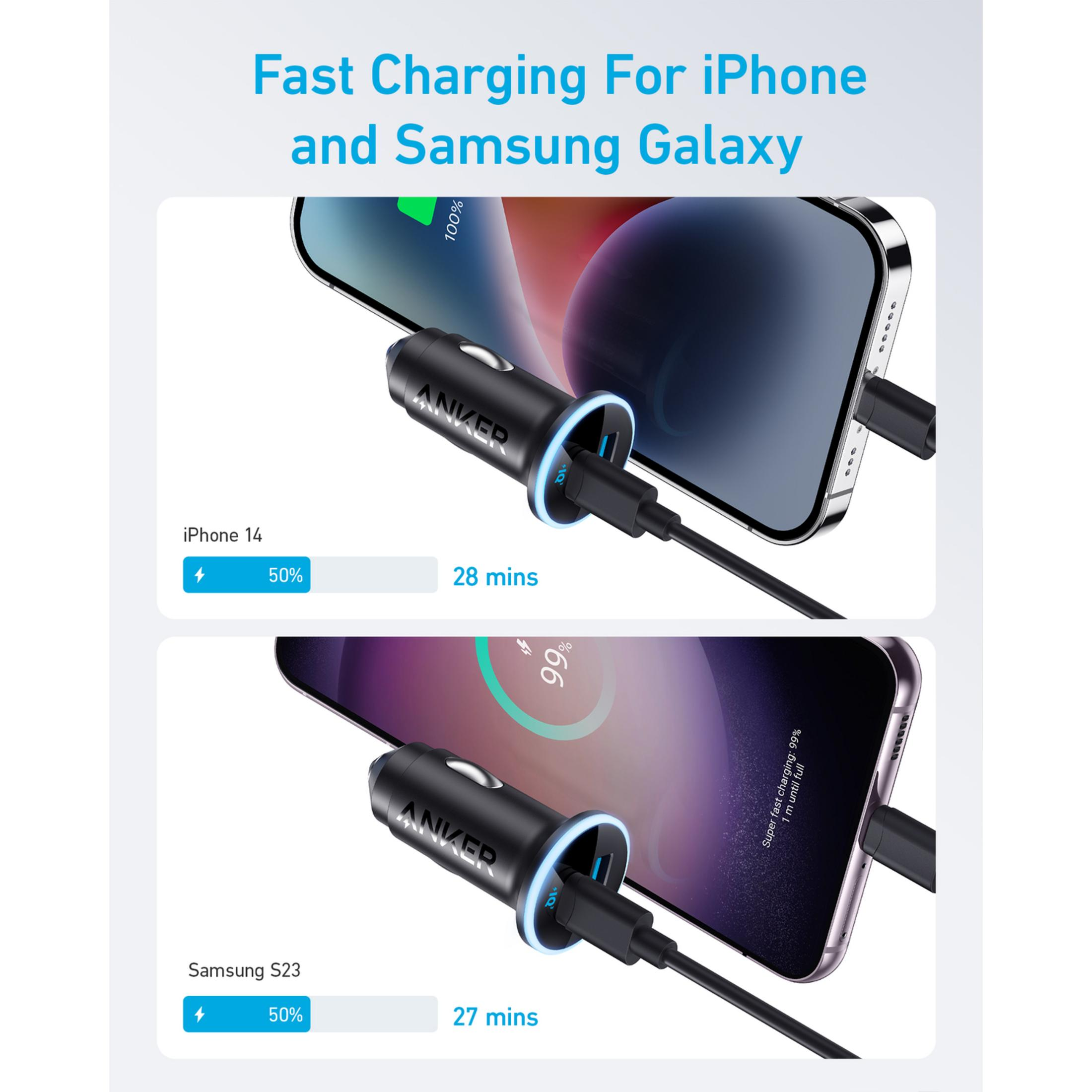 Caricatore Anker carica iPhone 14 al 50% e Samsung S23 al 50%.