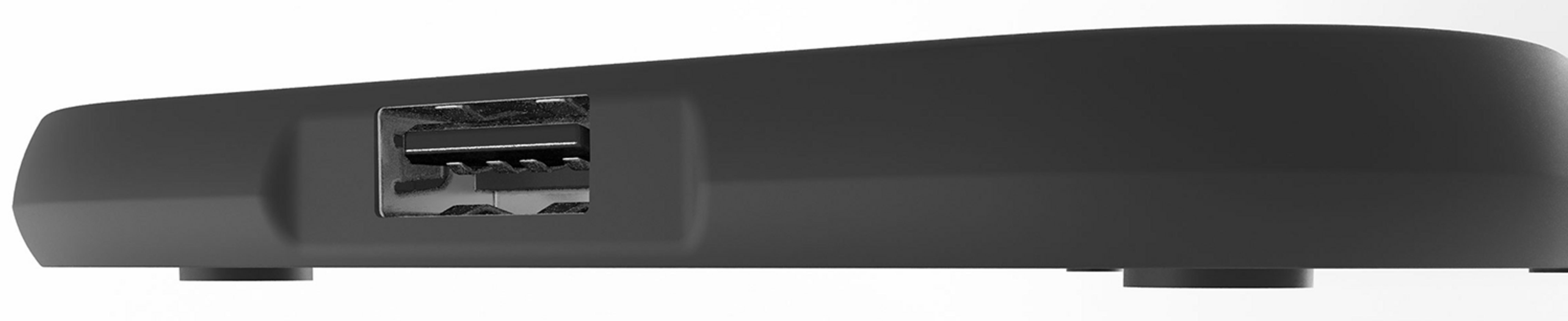 Dispositivo elettronico nero con porta USB sul lato.