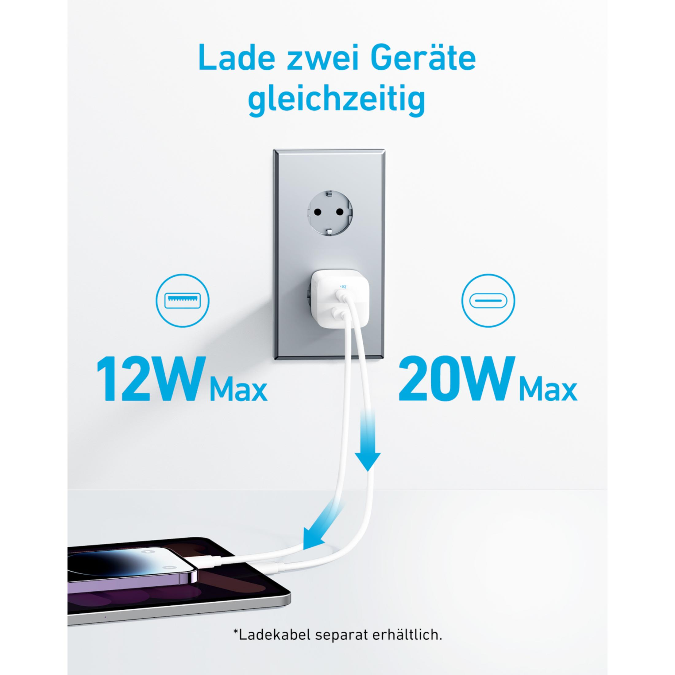 Ladegerät lädt zwei Geräte: 12W und 20W Max.