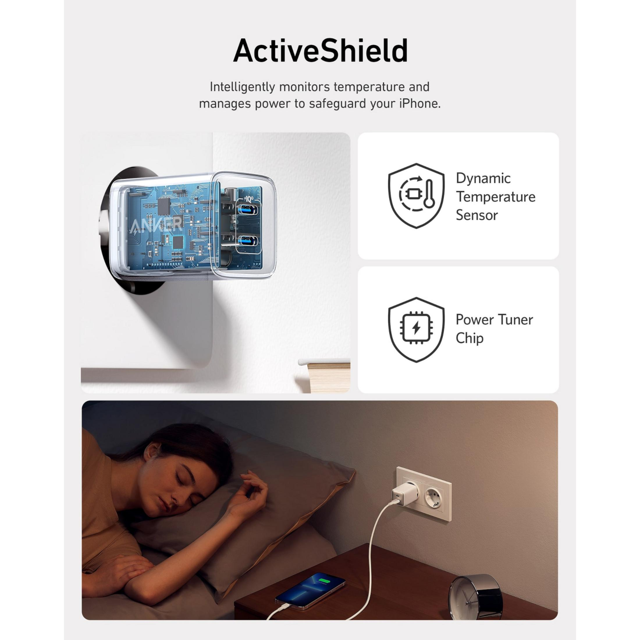 Anker Ladegerät mit Dynamic Temperature Sensor und Power Tuner Chip lädt iPhone.